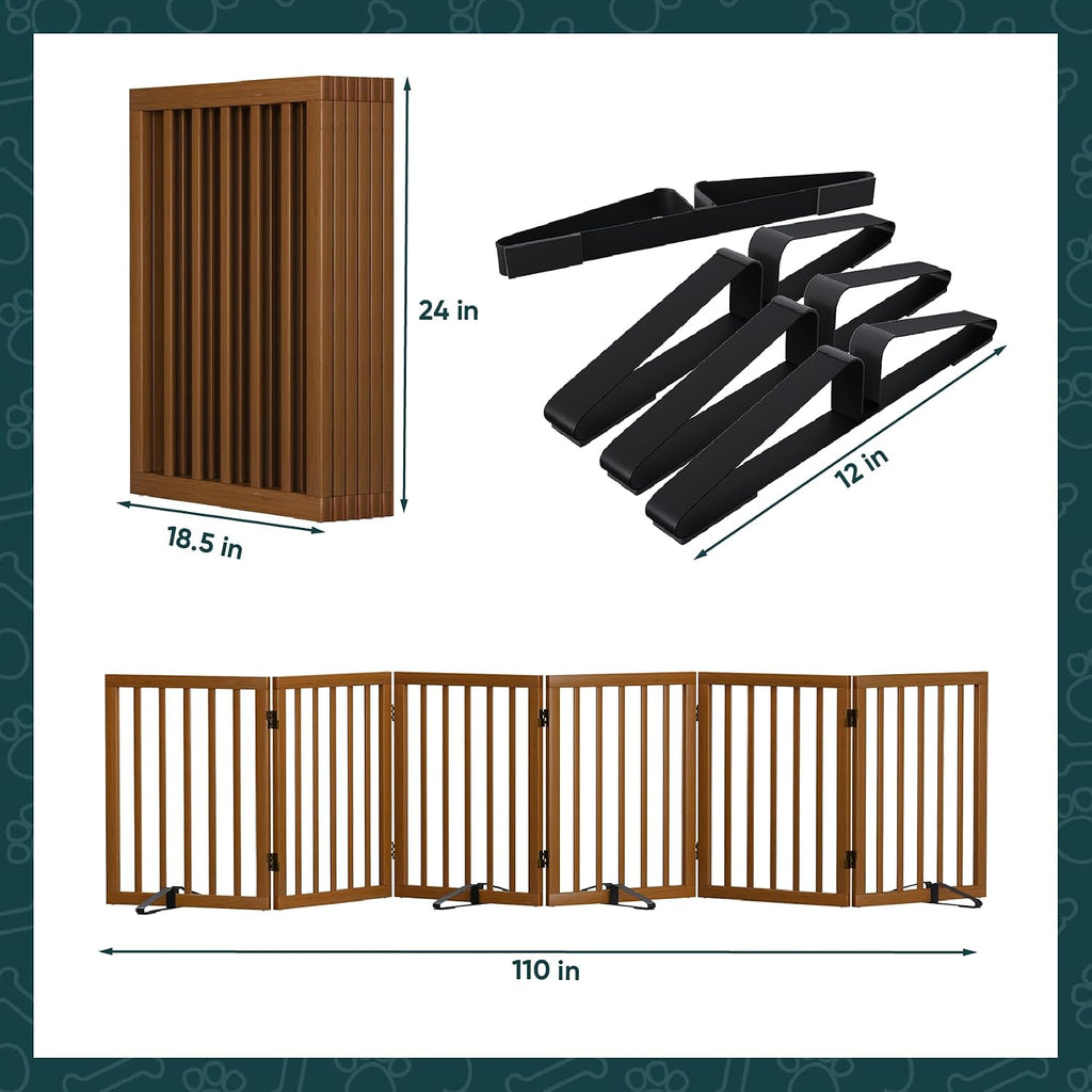 Semiocthome Walnut Dog Gates for Doorways, 6-Panel Freestanding Dog Gate Indoor for the House Stairs, 24' H Foldable Wooden Pet Gates with 4PCS Metal Stands, Expands Up to 110' (W)