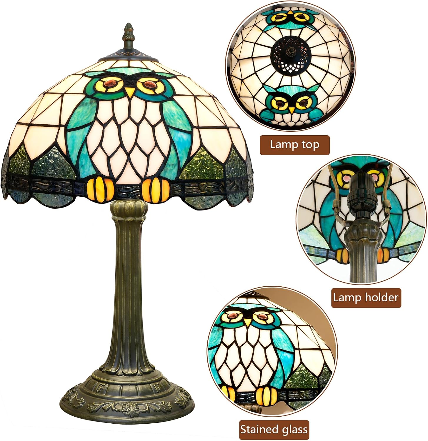Tiffany Lamp Owl Animal Style Stained Glass Table Lamp Vintage Bedroom Bedside Light for Home Dorm Office Art Craft Antique Decor Accent Aesthetic Nightstand Reading Light 12x12x19 Inches