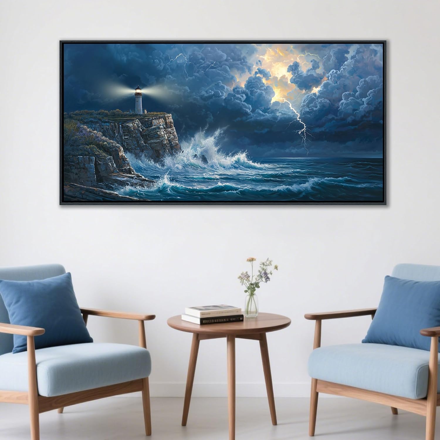 YDYSUNE Large Wall Art Framed Coastal Canvas Wall Decor Painting Navy Blue Picture,ocean decor Lighthouse Artwork for Dining Room,Living Room,Bedroom Decoration Size 24x48 Inches