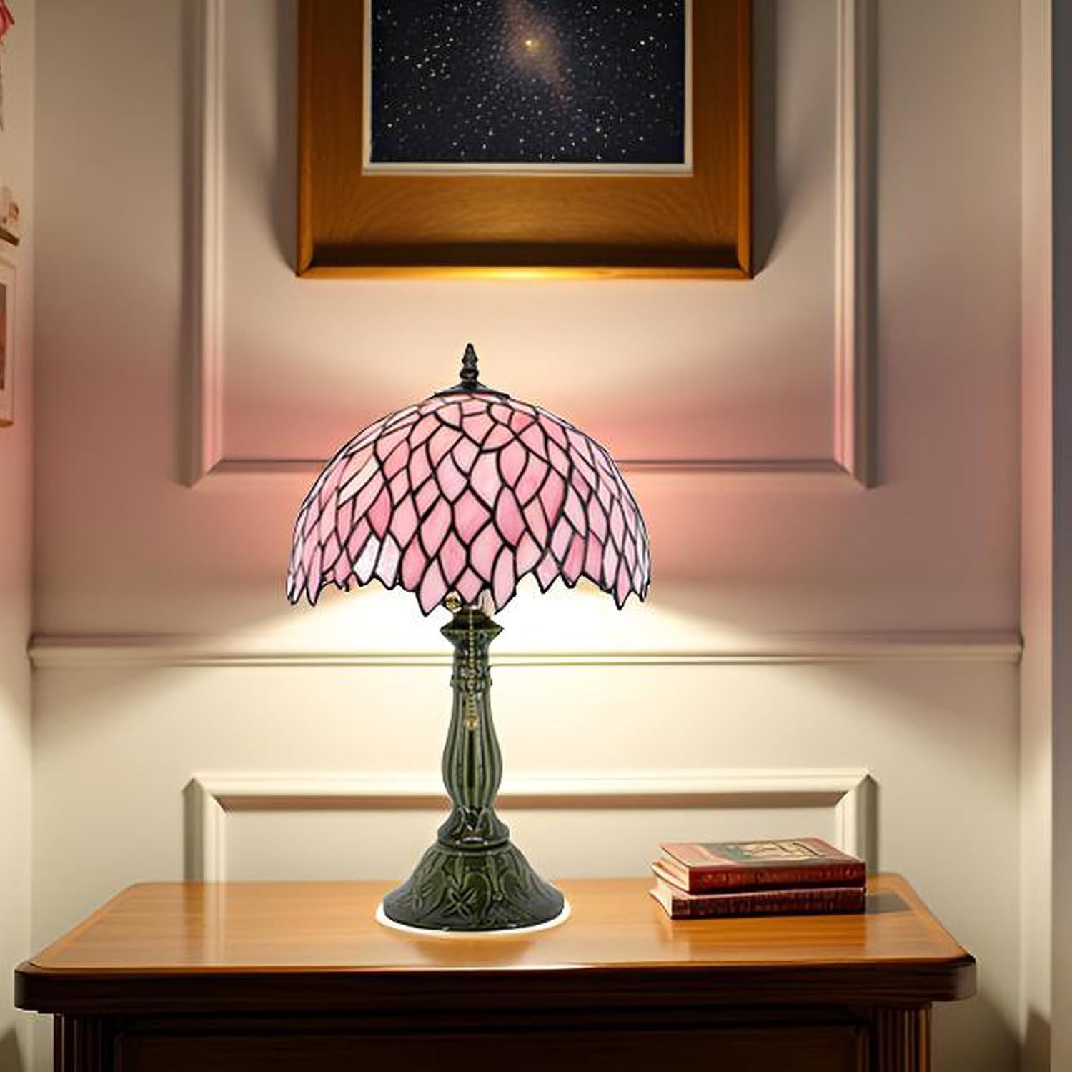 Tiffany Lamp Stained Glass Table Lamps Pink Leaf Style Desk Lamp12X12X18.5 Inch Bronze Ceramic Base Reading Light Suitable for Bedside Bedroom Living Room Dining Room Office