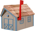 Amish Cedar Roof Wooden Mailbox with Window & Door Trim (Clay with Blue Trim)