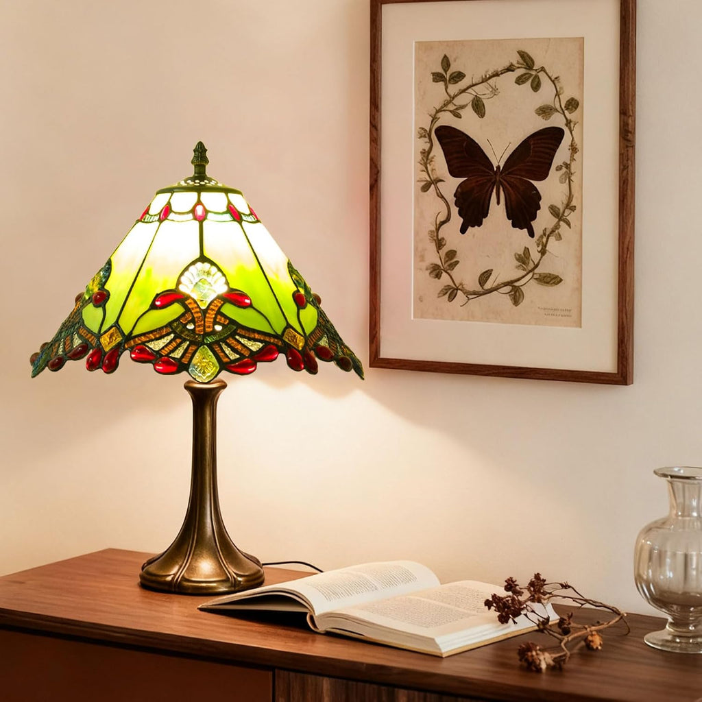 12 Inch Baroque Style Tiffany Table Lamp, Vintage Stained Glass Desk Lamp with Remote Control, 3 Color Temperature & Brightness Level for Office Home Bedroom Living (Green)