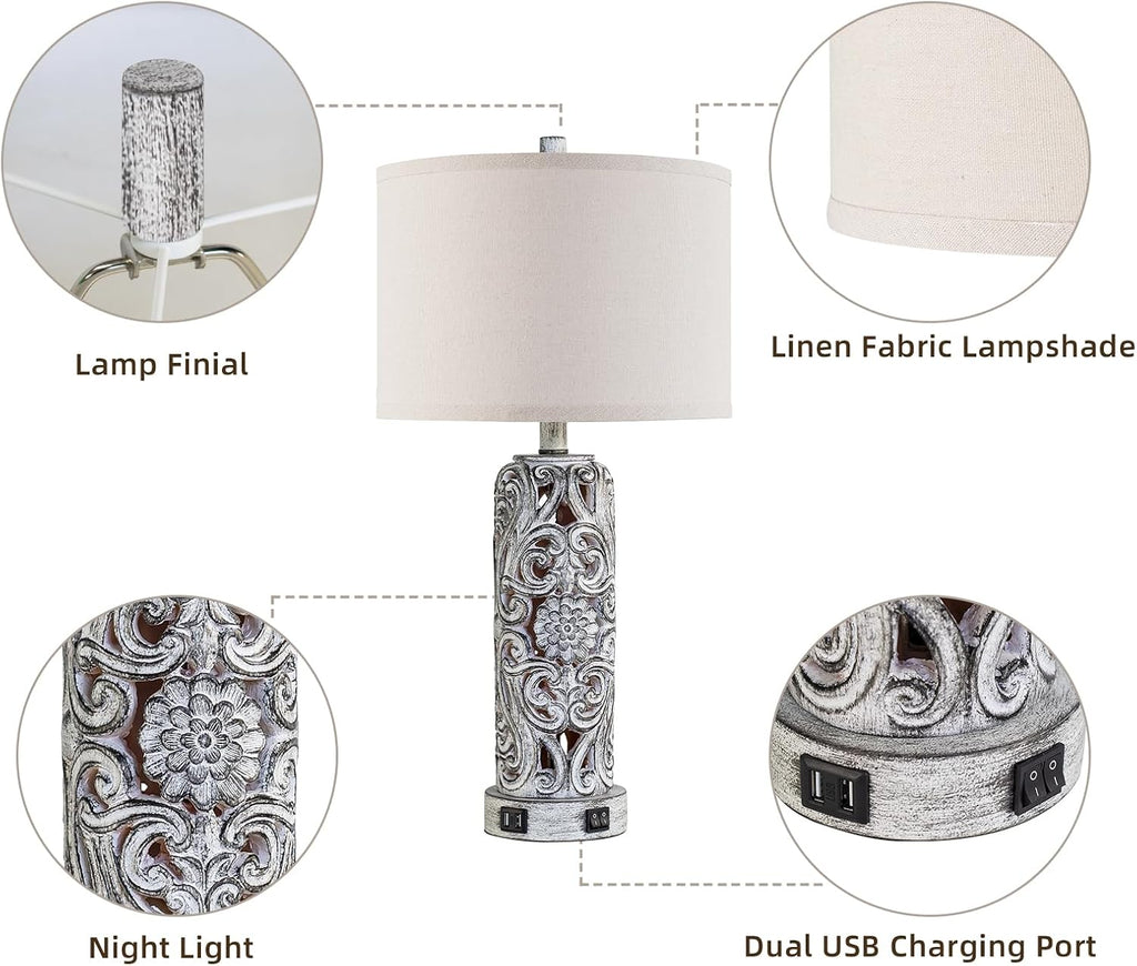 25'' Set of 2 Farmhouse Table Lamps with 2 USB Ports for Living Room Bedroom, Rustic Vintage Table Lamp with Nightlight, Earthy Yellow Hollow Out Resin Lamp for End Table, 2 Bulbs Included