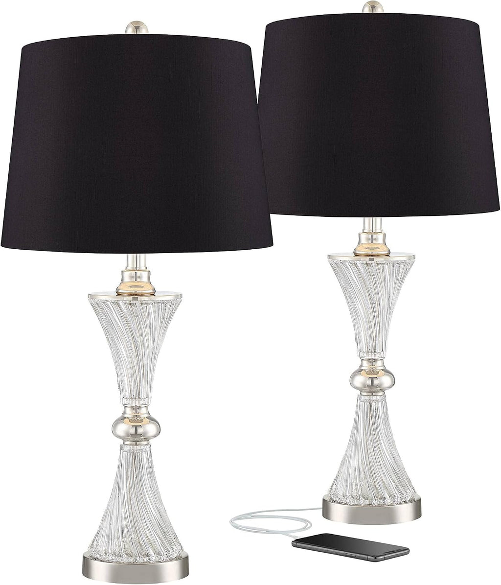 Regency Hill Luca Modern Glam Luxury Table Lamps 25.5' High Set of 2 with USB Port Clear Glass Chrome Black Fabric Drum Shade Decor for Living Room Bedroom House Bedside Nightstand Home