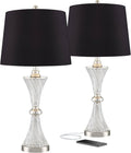 Regency Hill Luca Modern Glam Luxury Table Lamps 25.5' High Set of 2 with USB Port Clear Glass Chrome Black Fabric Drum Shade Decor for Living Room Bedroom House Bedside Nightstand Home