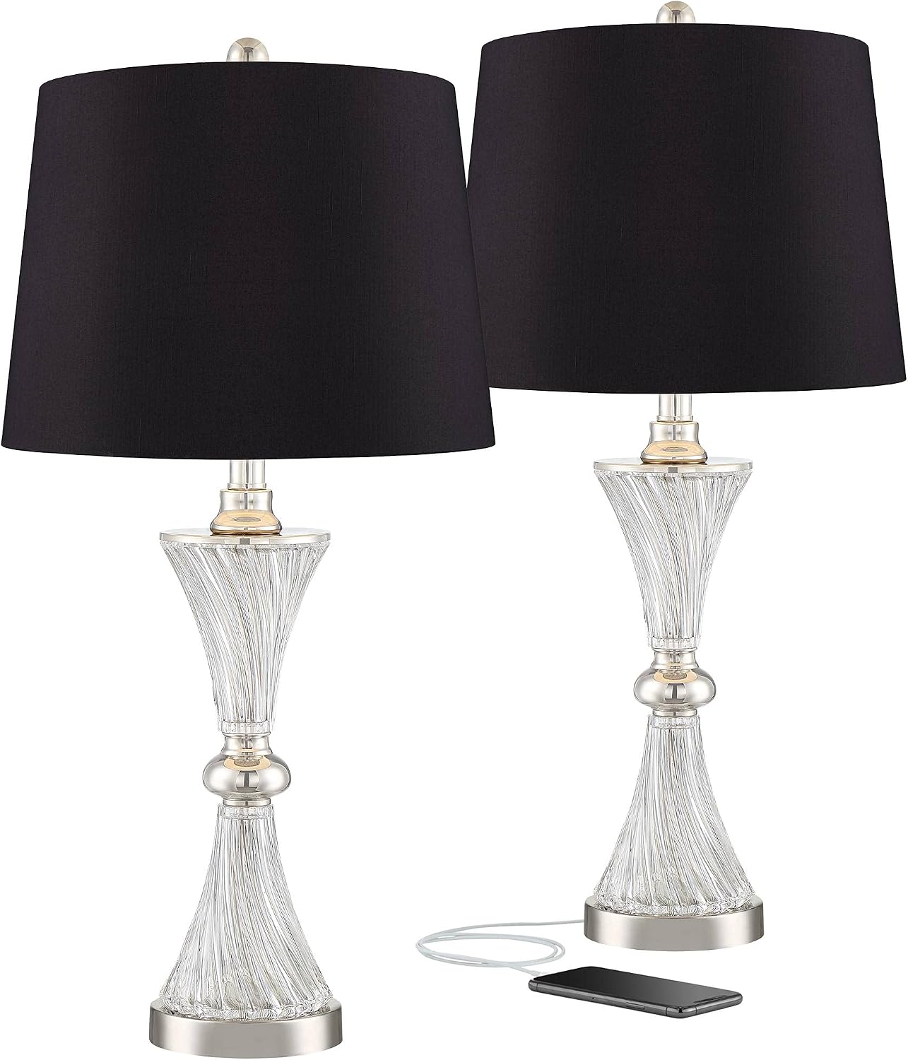 Regency Hill Luca Modern Glam Luxury Table Lamps 25.5' High Set of 2 with USB Port Clear Glass Chrome Black Fabric Drum Shade Decor for Living Room Bedroom House Bedside Nightstand Home