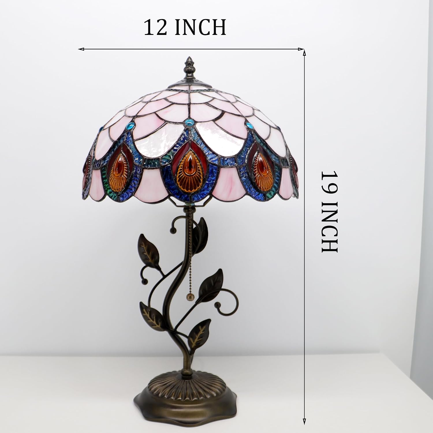 Tiffany Lamp Pink Peacock Tail Style Stained Glass Table Lamp Desk Bedside Reading Light 12X12X19 Inches with Metal Leaf Base