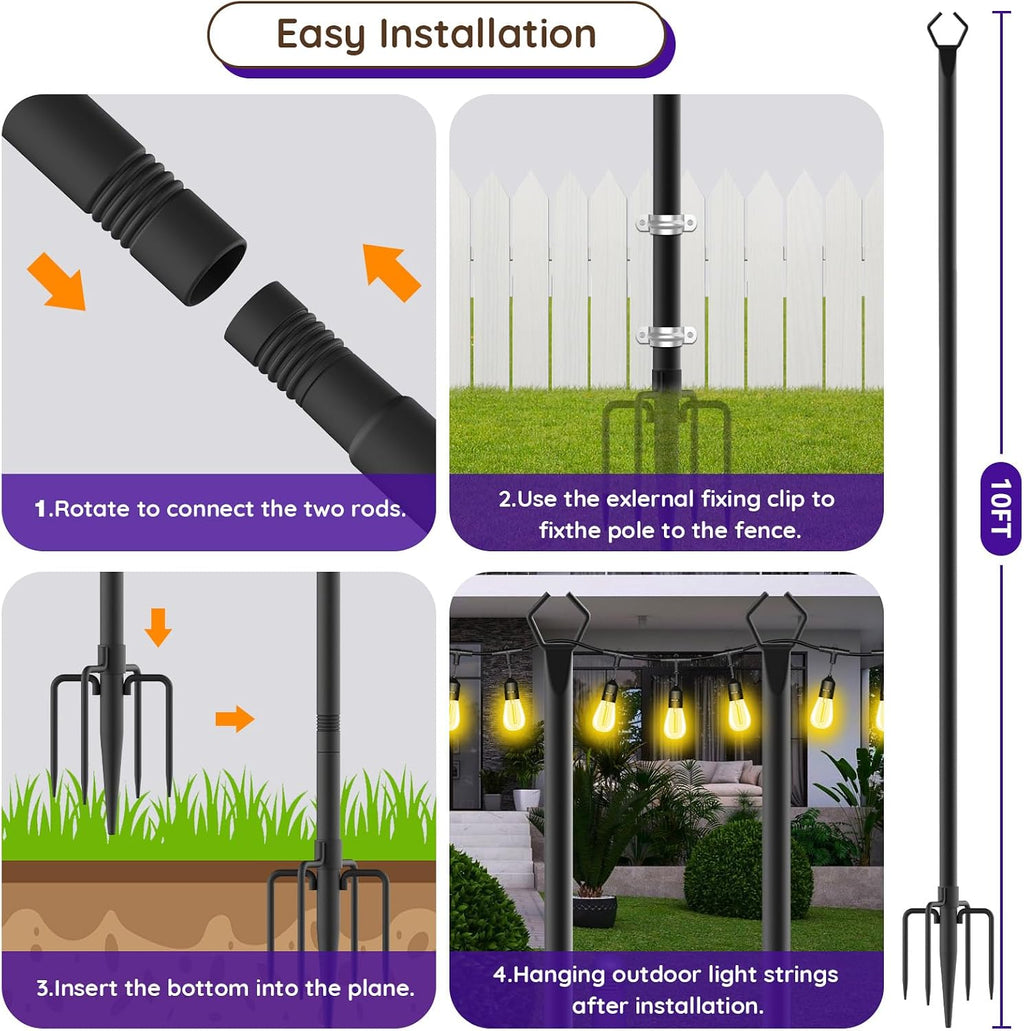 zoegi 10 Pack 10Ft String Light Poles,Light Poles for Outside Lights with Fork,Outdoor Brackets Hanging Lights,Metal Stand for Deck Patio,Backyard,Wedding,Deck,Party