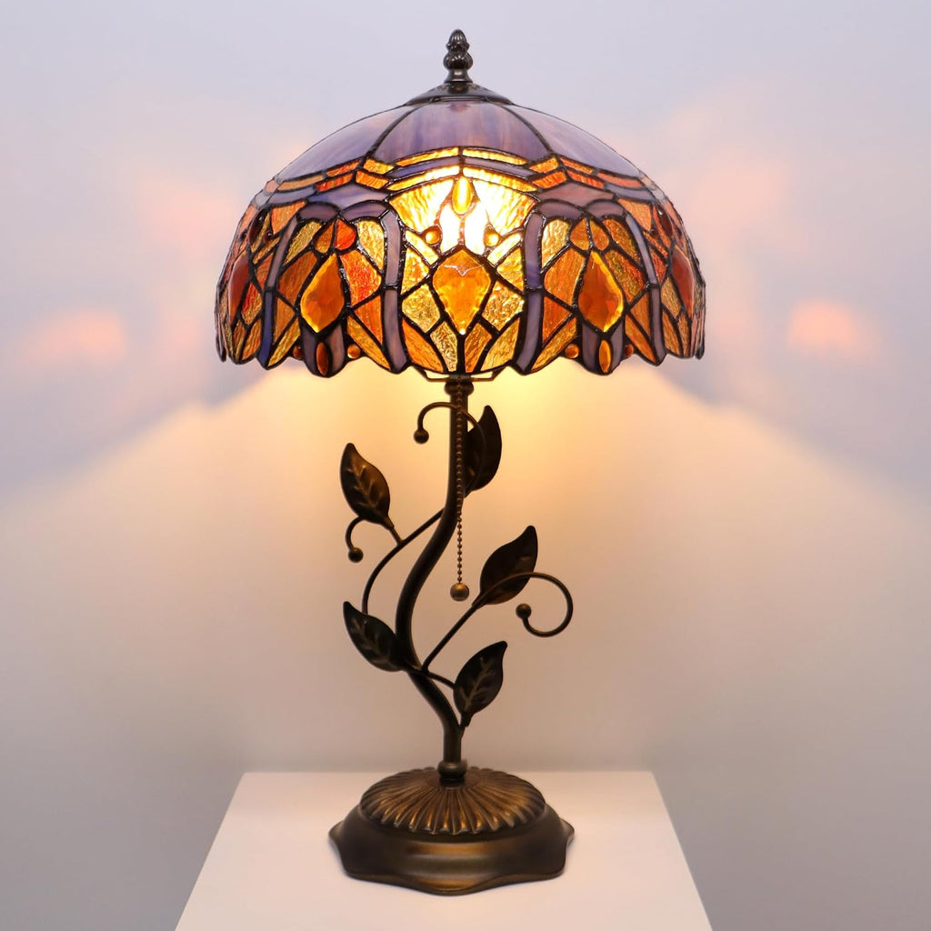 Tiffany Lamp Purple Brown Jewelry Baroque Style Stained Glass Table Lamp Desk Bedside Reading Light 12X12X19 Inches Bronze Resin Metal Leaf Base