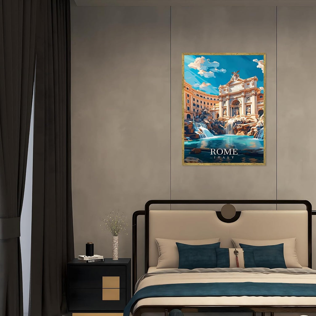 Framed Rome Italy Vintage Travel Posters Trevi Fountain Wall Art Canvas Print Cityscape Painting Artwork European Architecture Picture Wall Decor for Living Room Bedroom Home Office 24x36inch