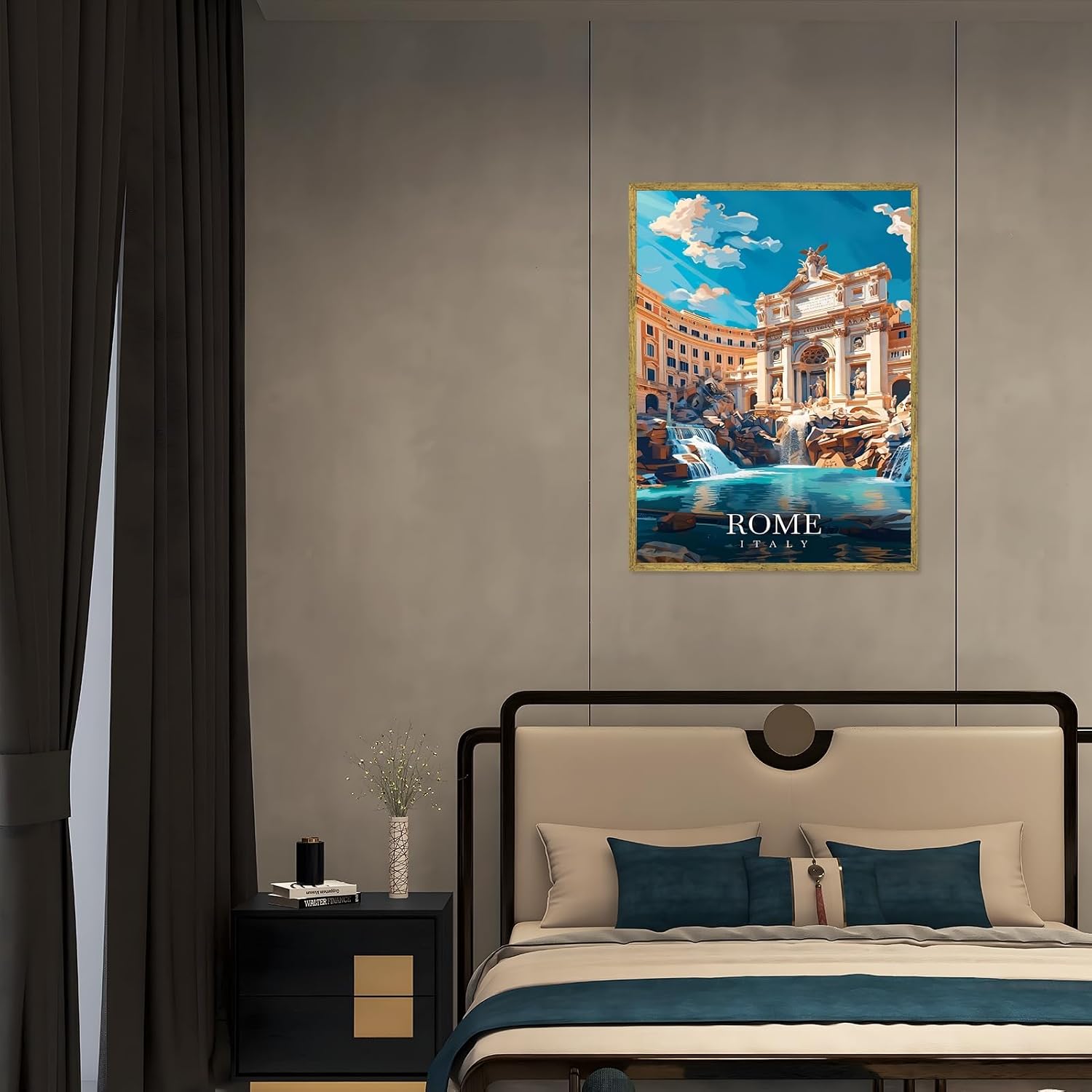 Framed Rome Italy Vintage Travel Posters Trevi Fountain Wall Art Canvas Print Cityscape Painting Artwork European Architecture Picture Wall Decor for Living Room Bedroom Home Office 24x36inch
