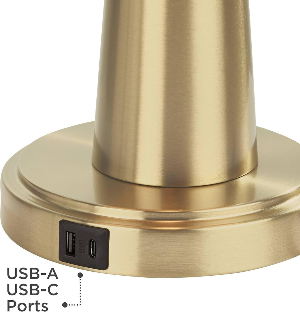 360 Lighting Karla 25' Tall Set of 2 Modern Table Lamps with USB Ports A+C Charging Brass Gold Metal Beige Fabric Drum Shade for Bedroom Living Room House Desk Bedside Nightstand Office Family