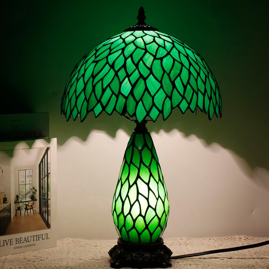 Tiffany Lamp Stained Glass Table Lamp 12X19 Inches Mother Daughter Vase Desk Accent Night Light for Bedroom Bedside Reading Home Antique Style (Green Wisteria)