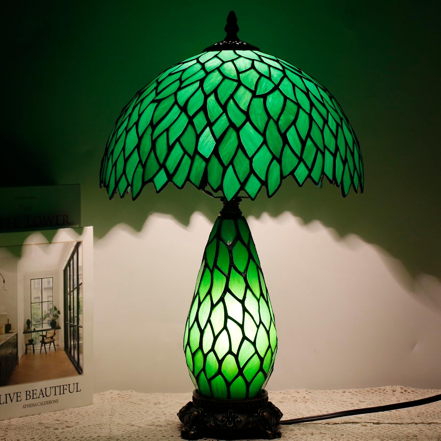 Tiffany Lamp Stained Glass Table Lamp 12X19 Inches Mother Daughter Vase Desk Accent Night Light for Bedroom Bedside Reading Home Antique Style (Green Wisteria)
