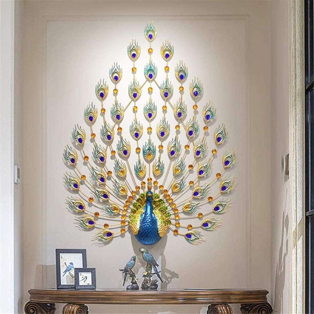 SOSSEG Wall Decor Large Metal Wall Decoration- Art Wall Hanging， Metal Art Peacock Wall Decor with Rhinestone Tail - Indoor Outdoor Garden Wall Hanging 41x29 Inch