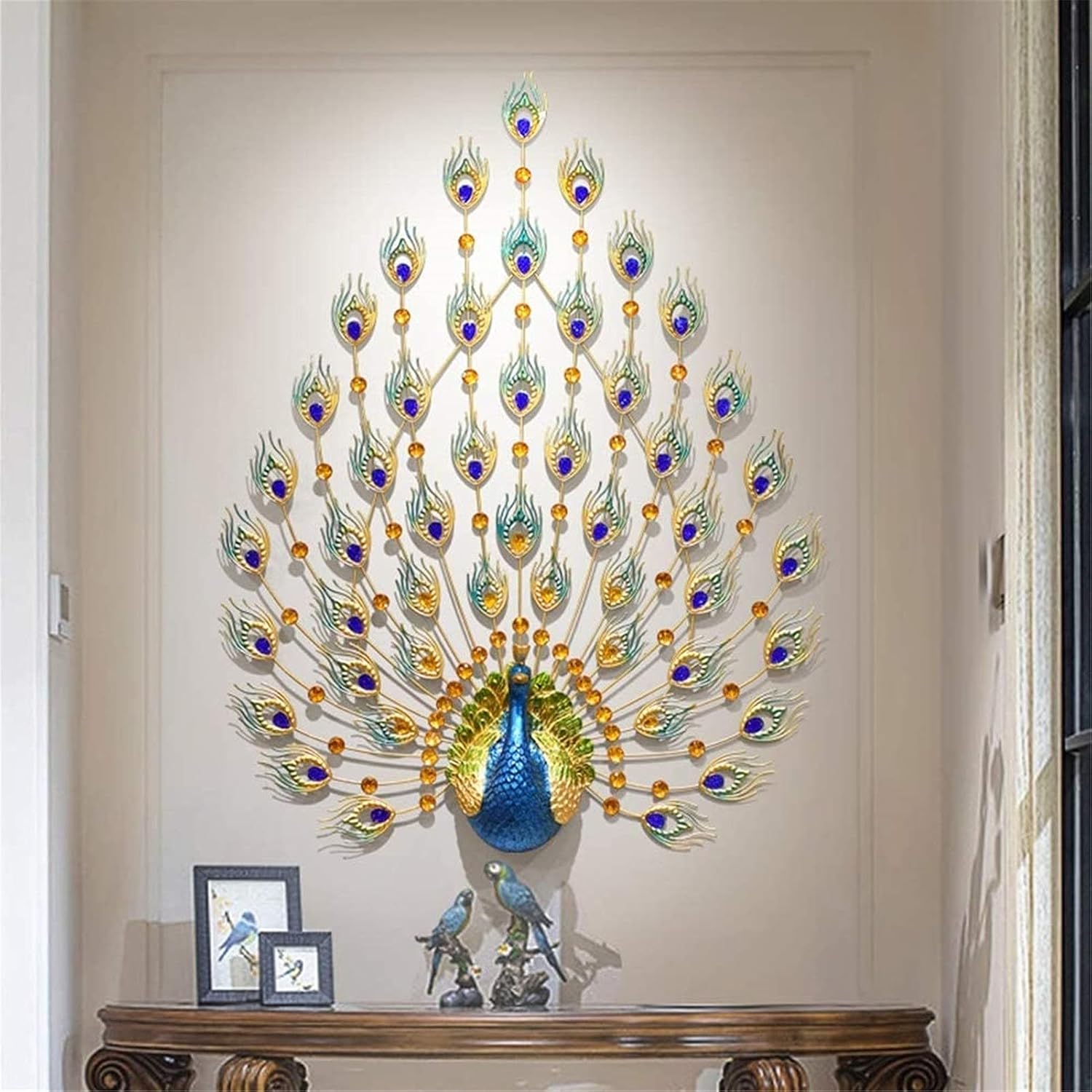 SOSSEG Wall Decor Large Metal Wall Decoration- Art Wall Hanging， Metal Art Peacock Wall Decor with Rhinestone Tail - Indoor Outdoor Garden Wall Hanging 41x29 Inch