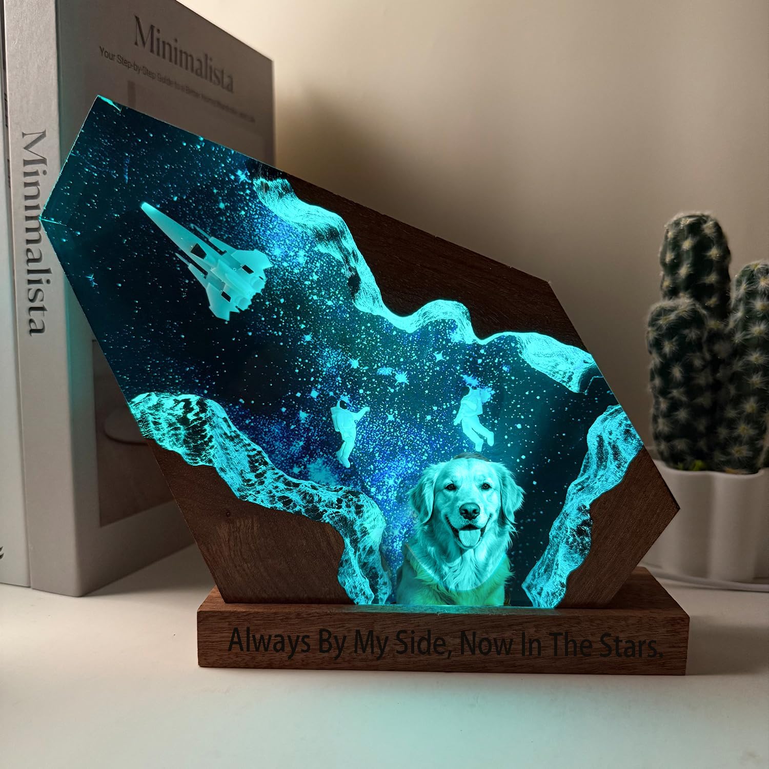 Custom dog & cat memorial gifts for loss of dog & cat, Personalized Space Resin Lamp with Photo and Text, Variable Lights, Handmade Unique pet memorial gifts for the furry astronaut you missed (8'x5')