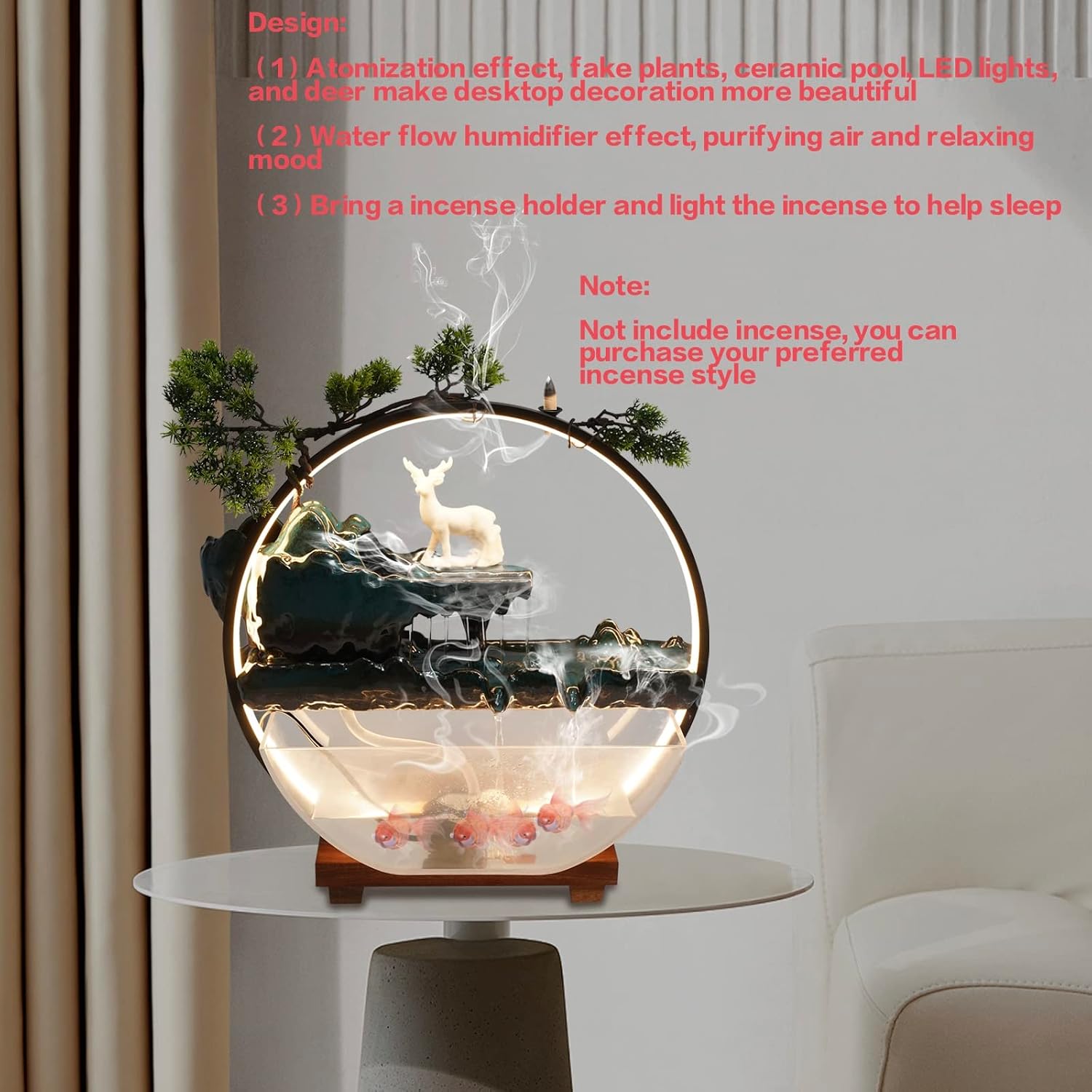17Inch Mini Fish Tank Tabletop Decoration Indoor Waterfall Fountains Humidifier with LED Light and Atomizer Mist, Water Fountain Japanese Zen Decor Meditation Fake Plants Bonsai Gift