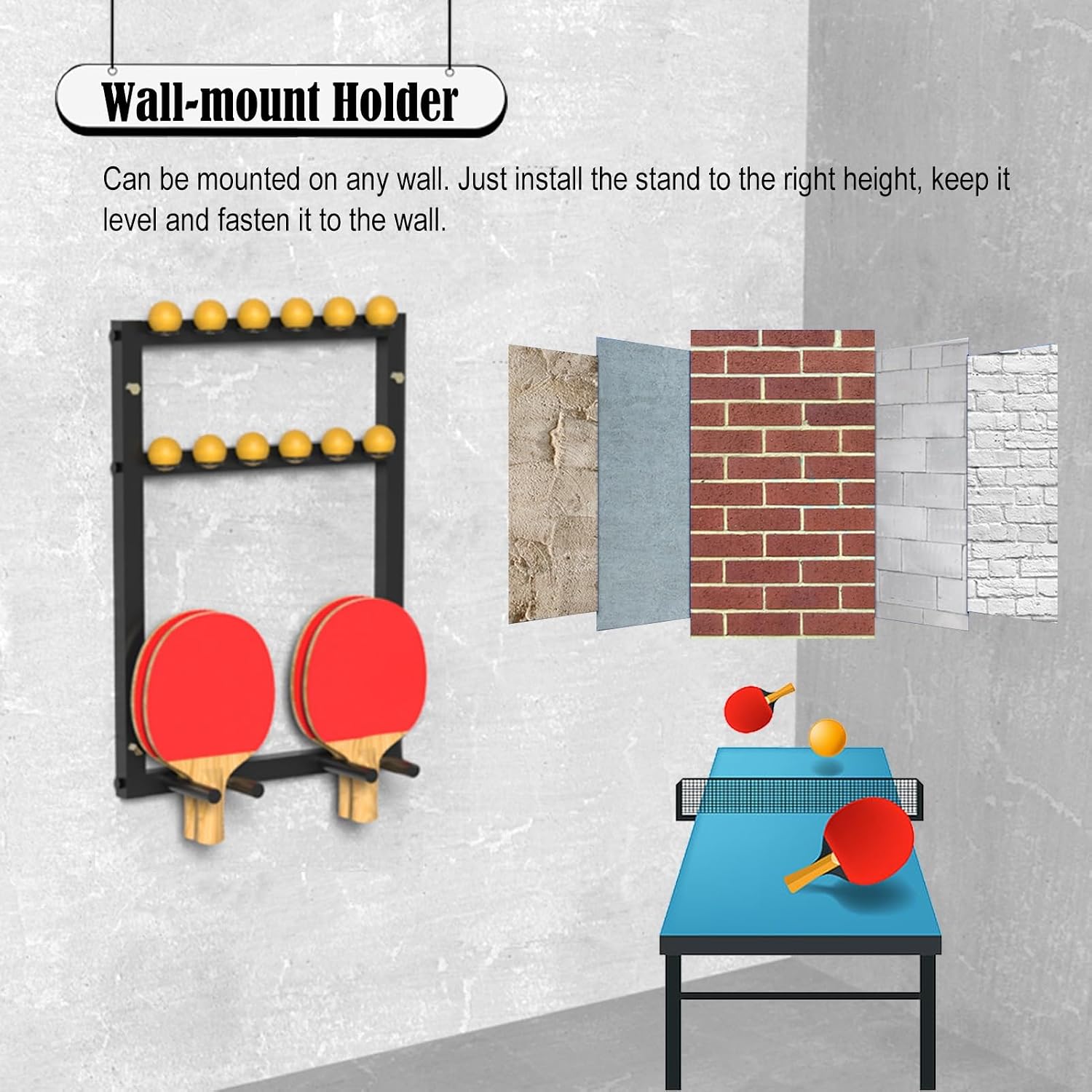 Ping Pong Paddles Holder Wall Mount, Metal Table Tennis Storage Rack for Game Room/ Man Cave/ Apartment - Holds 6 Paddles & 12 Balls, Space Saving Display Stand Holder Shelf Sport Equipment Organizer