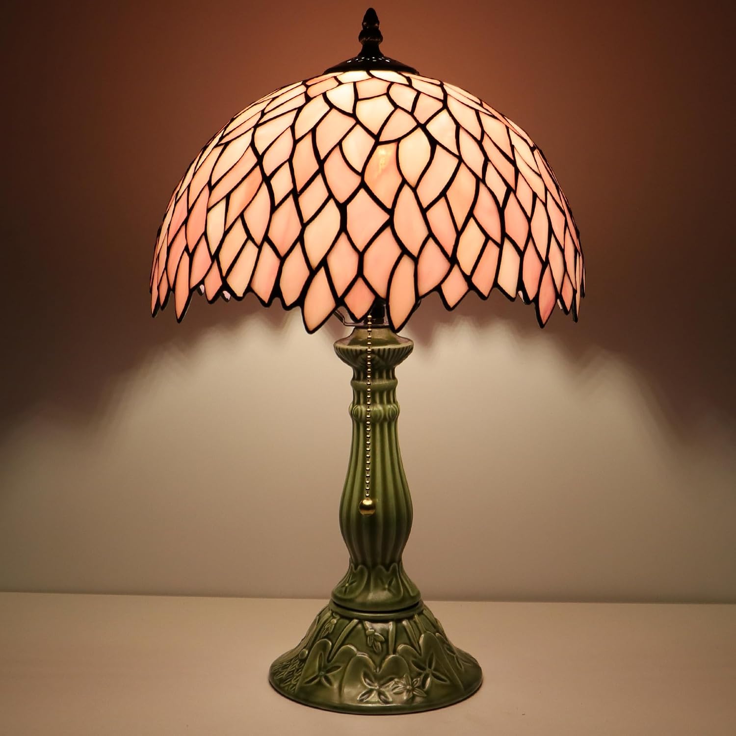 Tiffany Lamp Stained Glass Table Lamps Pink Leaf Style Desk Lamp12X12X18.5 Inch Bronze Ceramic Base Reading Light Suitable for Bedside Bedroom Living Room Dining Room Office