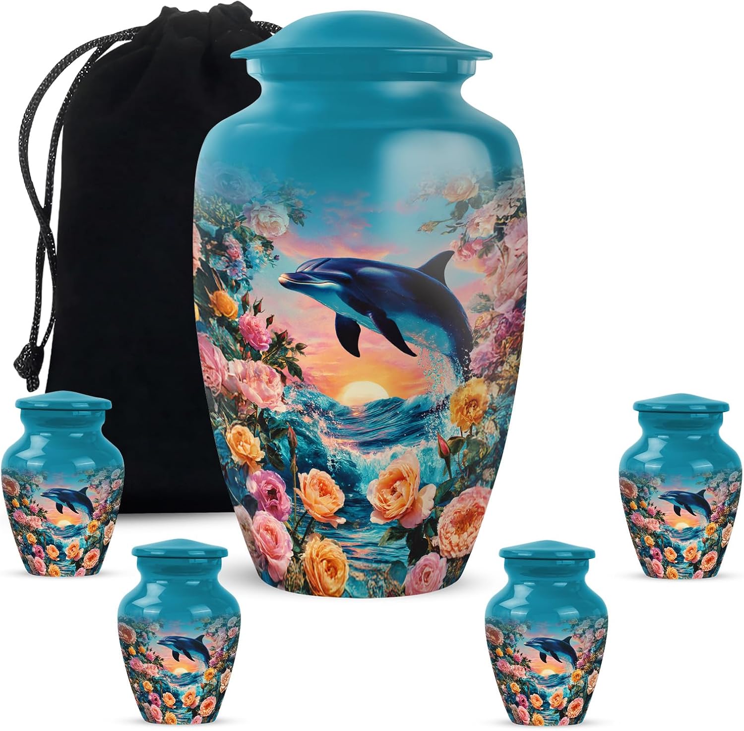 Dolphin Urns for Human Ashes Adult - Mini Keepsake Cremation Urns for Adult Ashes Women - Blue Funeral Urn for Male & Female - Roses Decorative Urn for Mom - Combo 10 Inch & 3 Inch - Set of 5