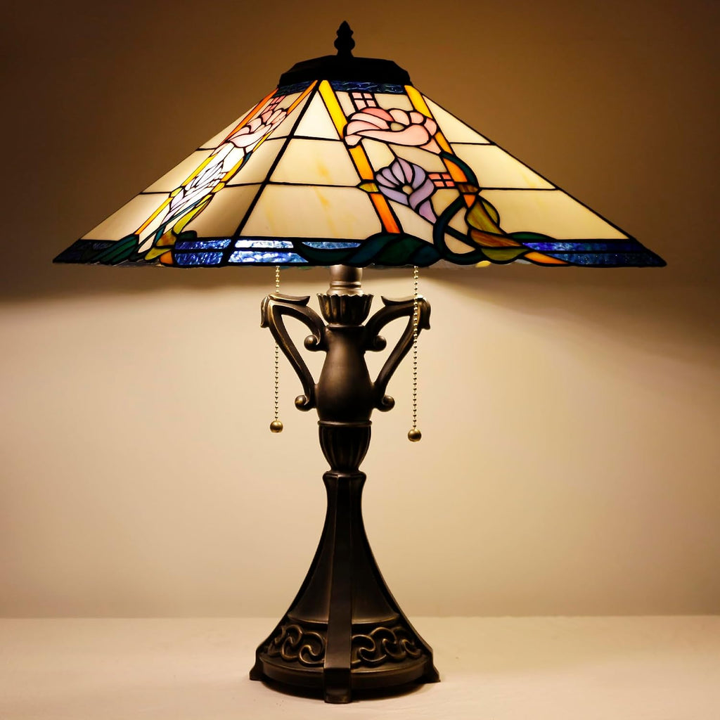 Tiffany Table Lamp Stained Glass Square Pink Flower Mission Style Desk Reading Light 16X16X24 Inch for Bedroom Living Room Home Office
