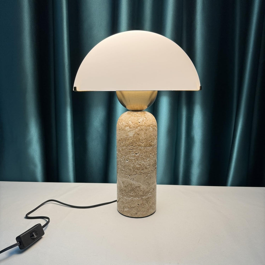 Scandinavian Modern Table Lamp Frosted Glass Shade Travertine Lamp Natural Stone Desk Lamp Mid-Century Dome Bedside Lamps for Living Room Side Lamps Bedroom Nightstand Light