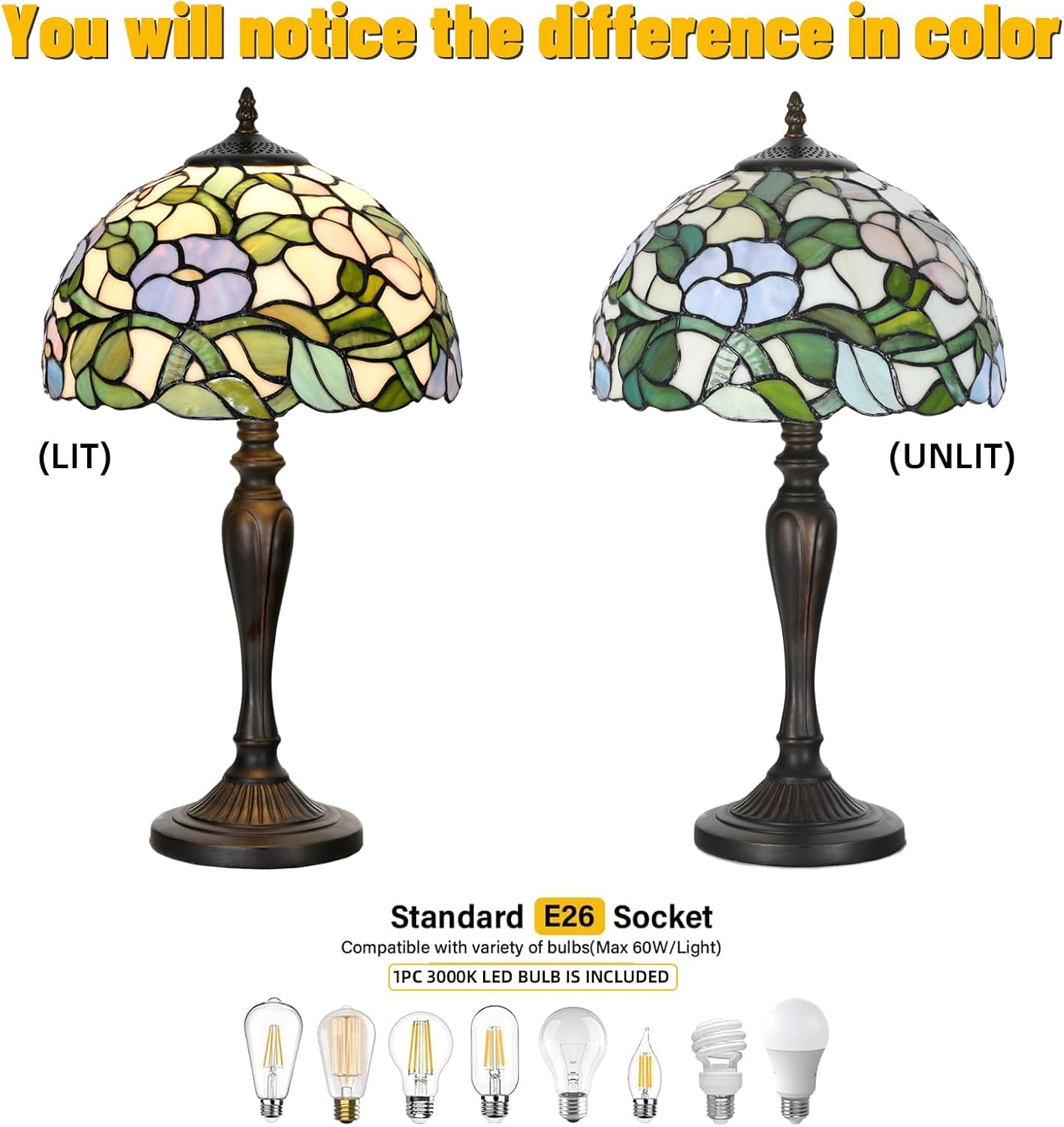 TL0005 Tiffany Table Lamp Bedside Stained Glass Lamp Spring Floral Design Reading Desk Light 12X21.5 Inches for Bedroom Living Room Home Office, lED Bulb Included