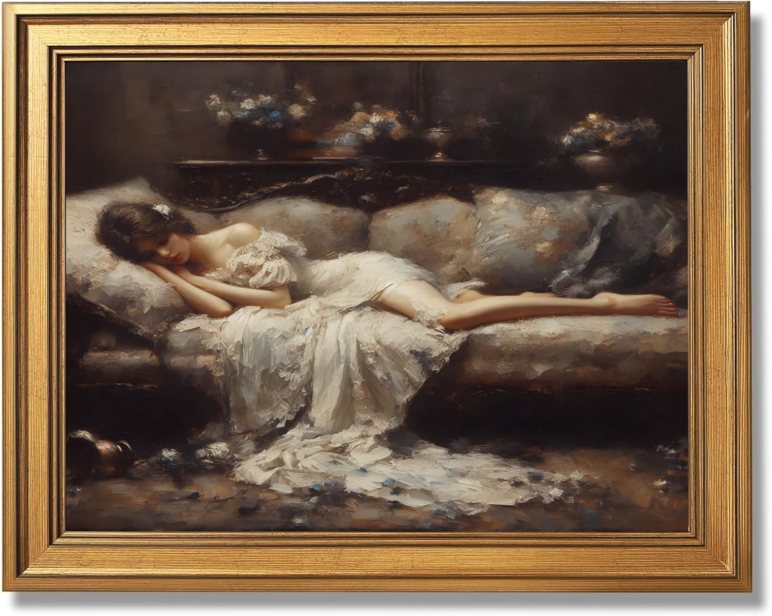 Gold Frame Wall Art Vintage Victorian Tired Woman Portrait Canvas Poster Moody Romantic Oil Painting Dark Academia Classic Wall Decor Print Aesthetic Picture for Bedroom Living Room 24X36inch