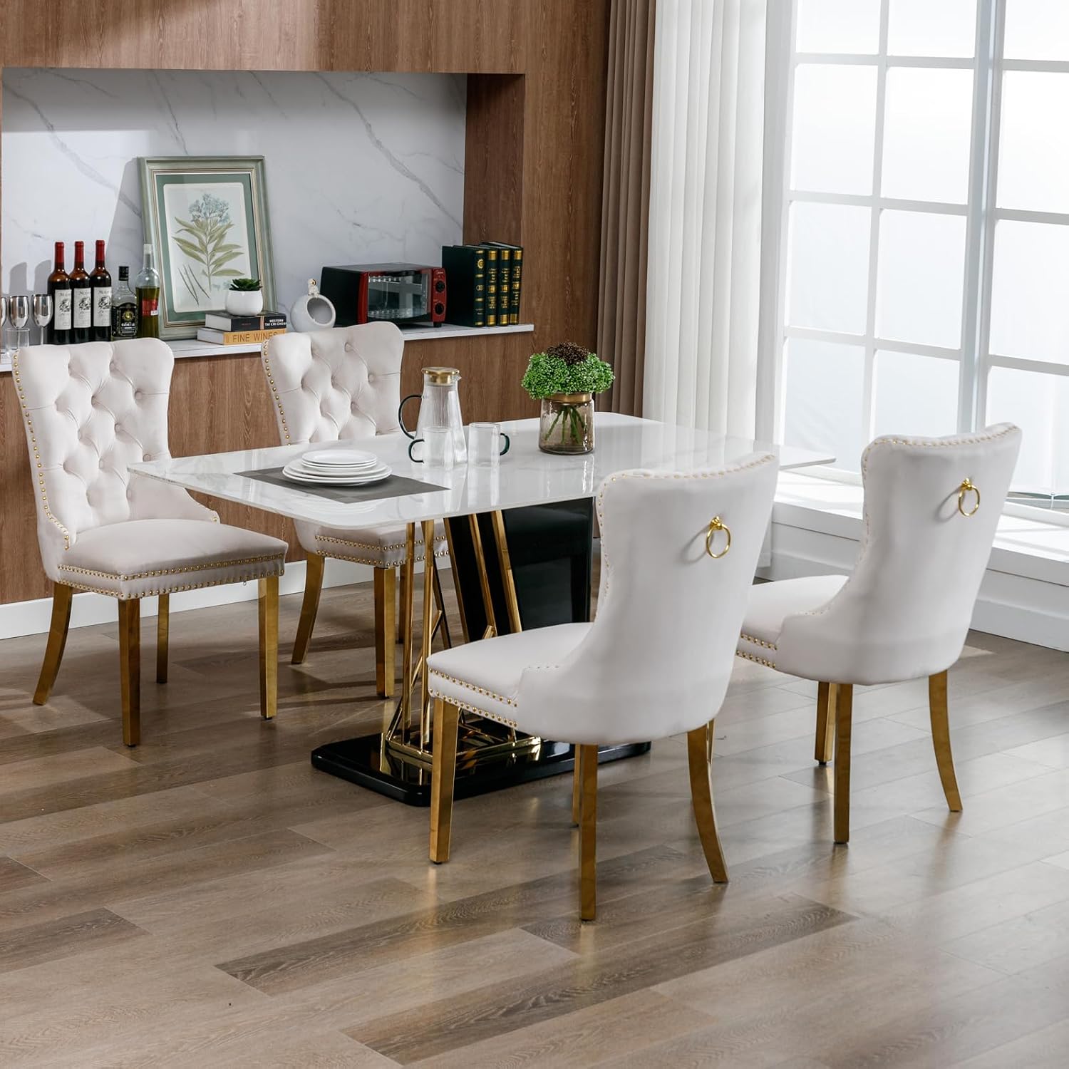 Velvet Dining Chairs Set of 6, Tufted Upholstered Dining Room Chairs with Back Ring Pull, Nailhead Trim and Golden Legs, Modern Dinning Chairs for Dining Room, Kitchen(Beige)
