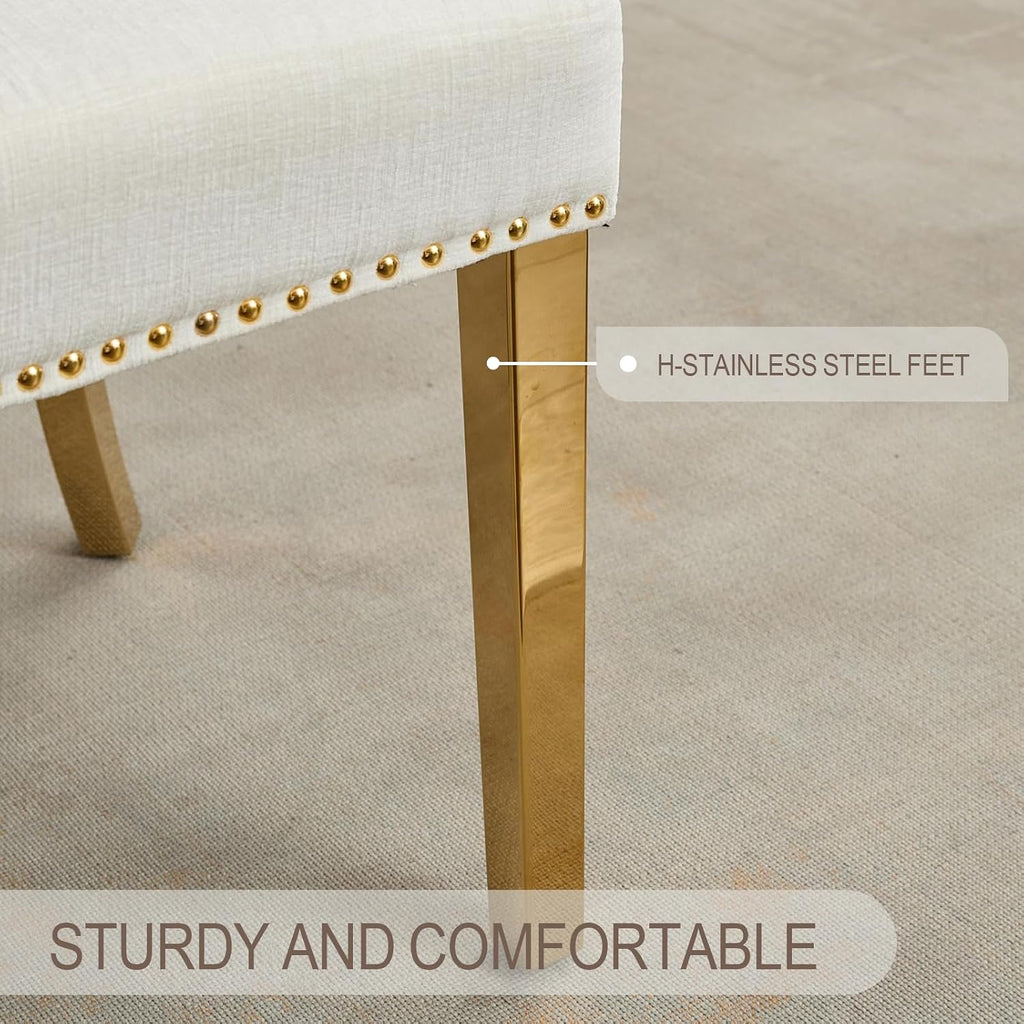 Dining Chair Set of 2 Linen Fabric Curved Backrest Farmhouse Mid Century Accent Upholstered Kitchen Chairs with Gold Legs and Foot Pad for Dining Room/Living Room/Restaurant,Beige