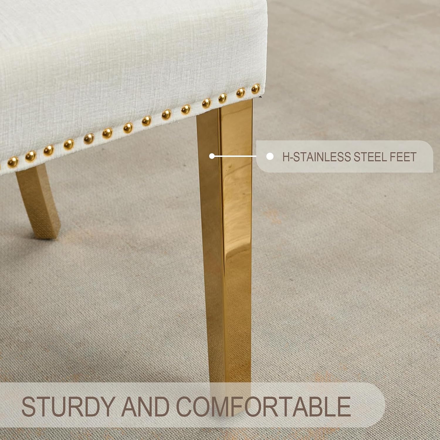Dining Chair Set of 2 Linen Fabric Curved Backrest Farmhouse Mid Century Accent Upholstered Kitchen Chairs with Gold Legs and Foot Pad for Dining Room/Living Room/Restaurant,Beige