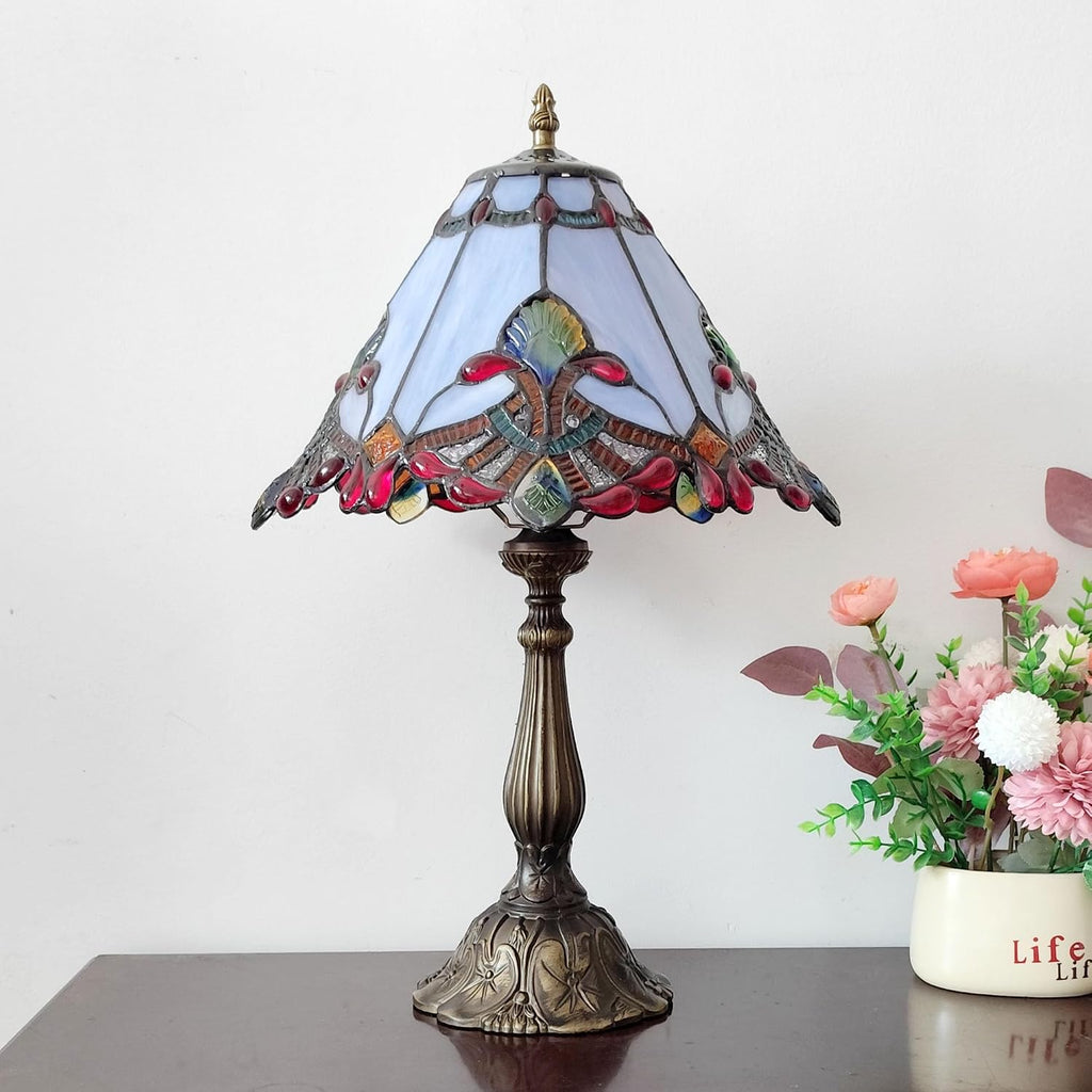 Tiffany Table Lamp Purple Baroque Style Stained Glass Lamp 12X12X19 Inch Antique Lamp for Office Home Bedroom Living Include 3-Color LED Bulb