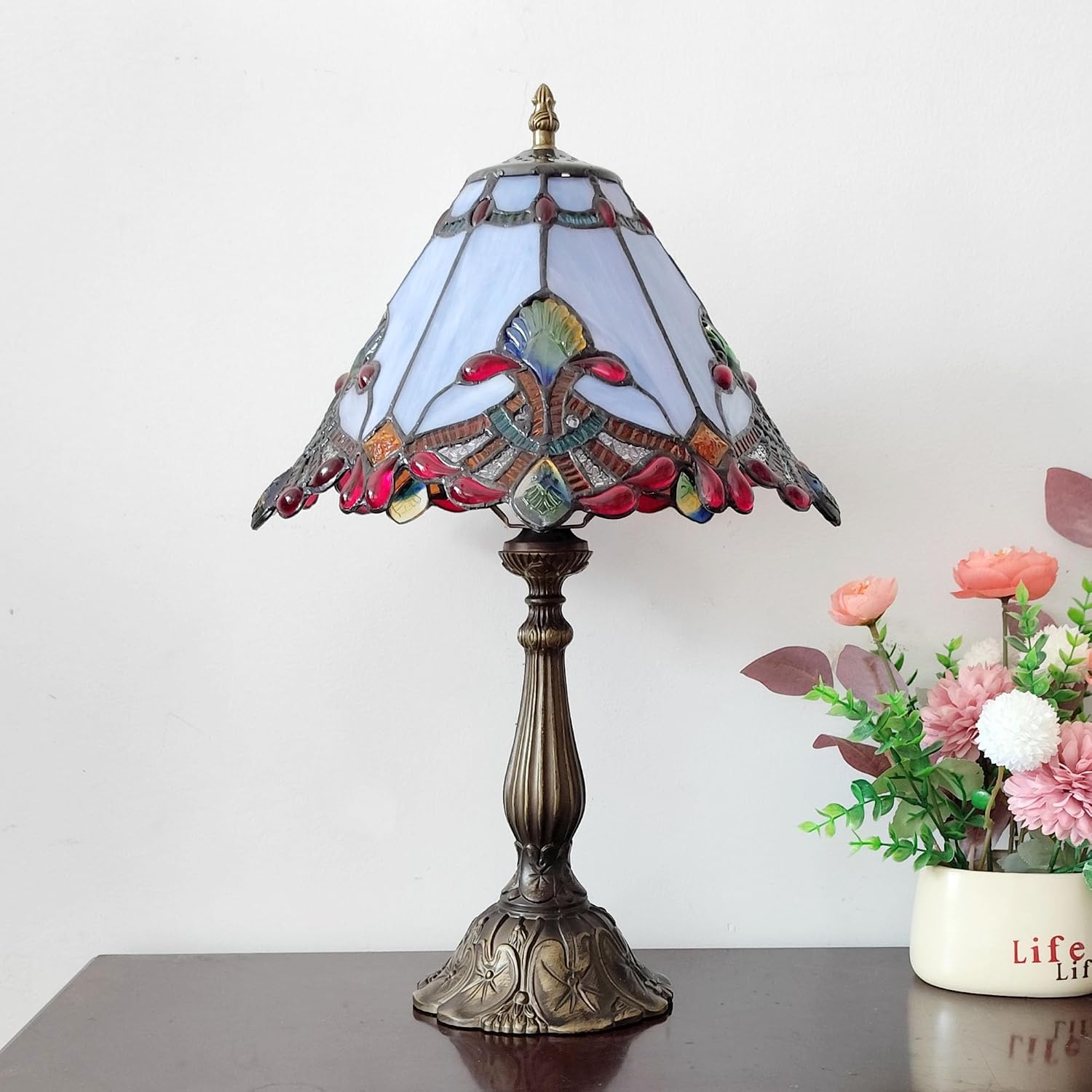 Tiffany Table Lamp Purple Baroque Style Stained Glass Lamp 12X12X19 Inch Antique Lamp for Office Home Bedroom Living Include 3-Color LED Bulb