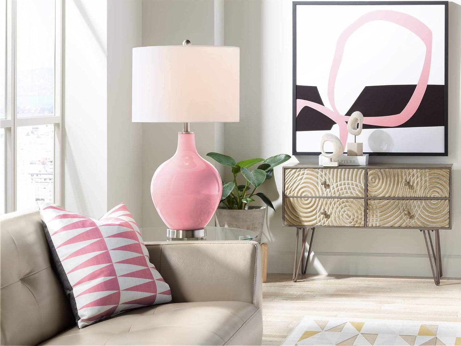 Color + Plus Modern Table Lamp 28.5' Tall Haute Pink Glass OVO White Linen Drum Shade for Living Room Family Bedroom Bedside Nightstand