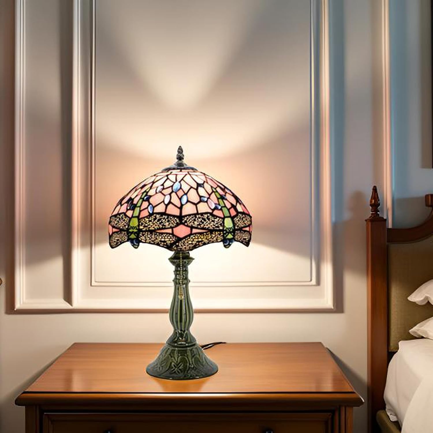 Tiffany Lamp Stained Glass Table Lamps Pink Dragonfly Style Desk Lamp12X12X18.5 Inch Bronze Ceramic Base Reading Light Suitable for Bedside Bedroom Living Room Dining Room Office