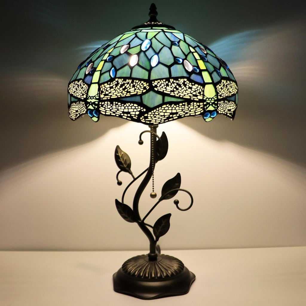 Tiffany Lamp Sea Blue Dragonfly Style Stained Glass Table Lamp Desk Bedside Reading Light 12X12X19 Inches with Metal Leaf Base