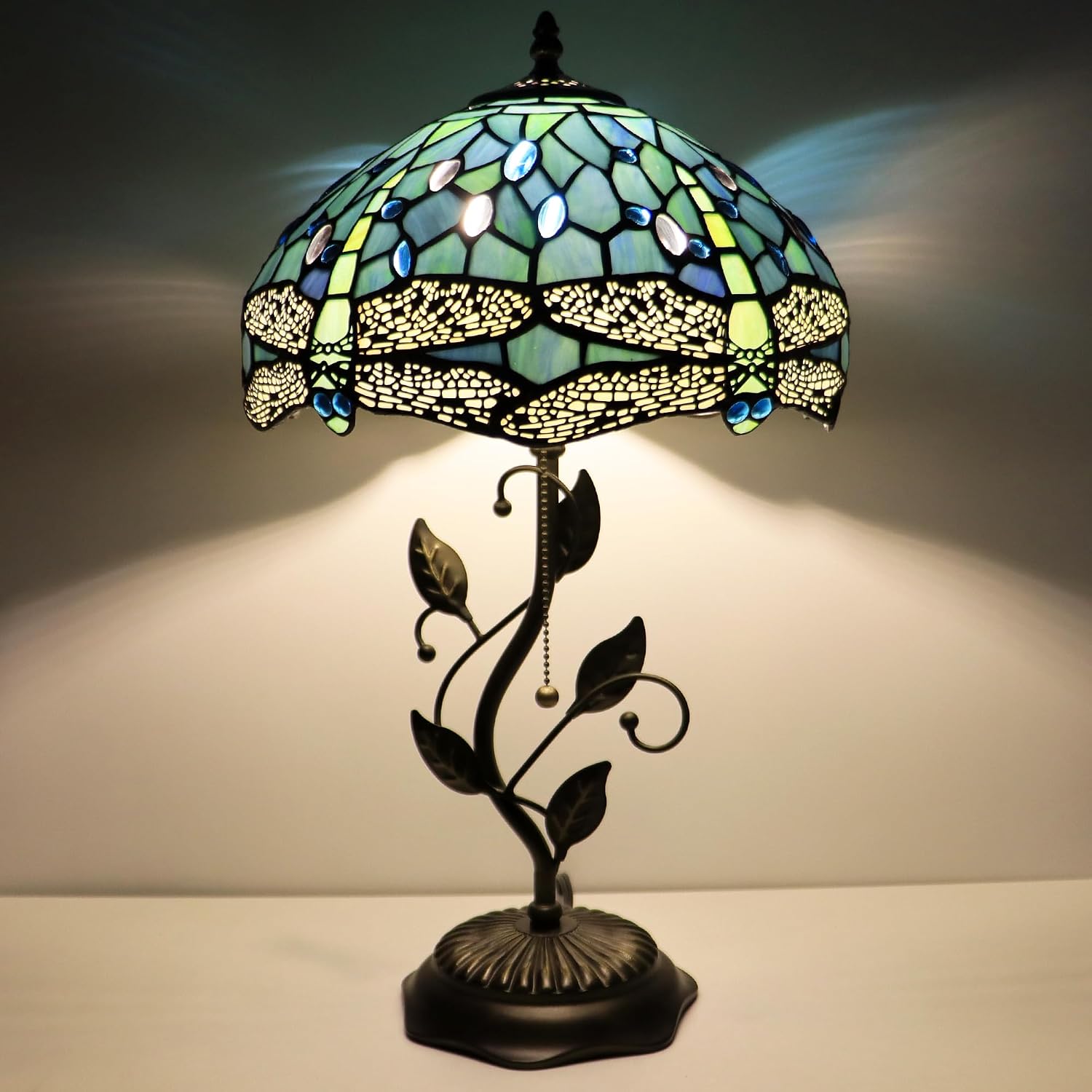 Tiffany Lamp Sea Blue Dragonfly Style Stained Glass Table Lamp Desk Bedside Reading Light 12X12X19 Inches with Metal Leaf Base