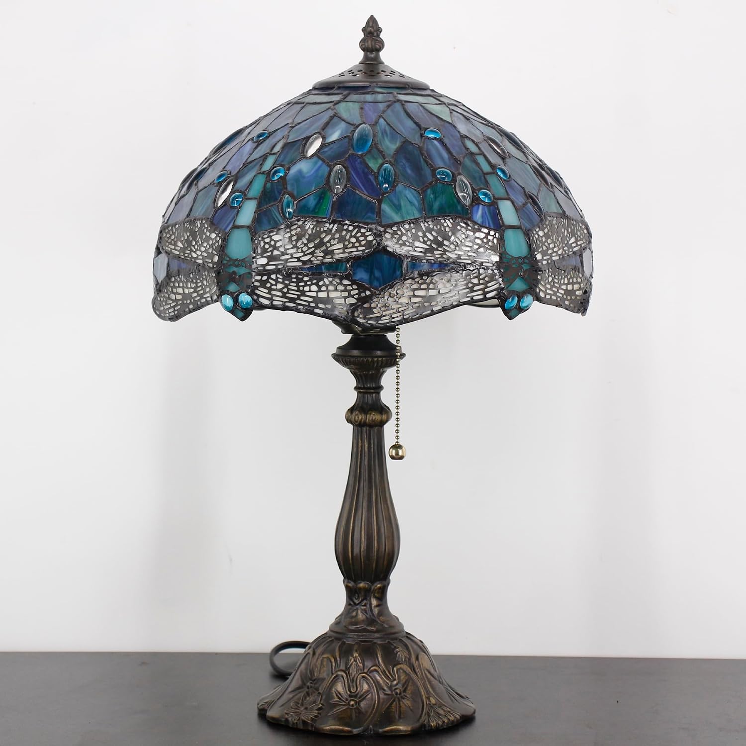 Tiffany Table Lamp Stained Glass Lamp 12X12X19 Inch Antique Reading Light (Blue Dragonfly)