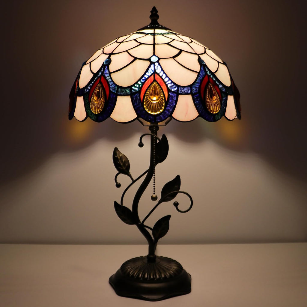 Tiffany Lamp Pink Peacock Tail Style Stained Glass Table Lamp Desk Bedside Reading Light 12X12X19 Inches with Metal Leaf Base