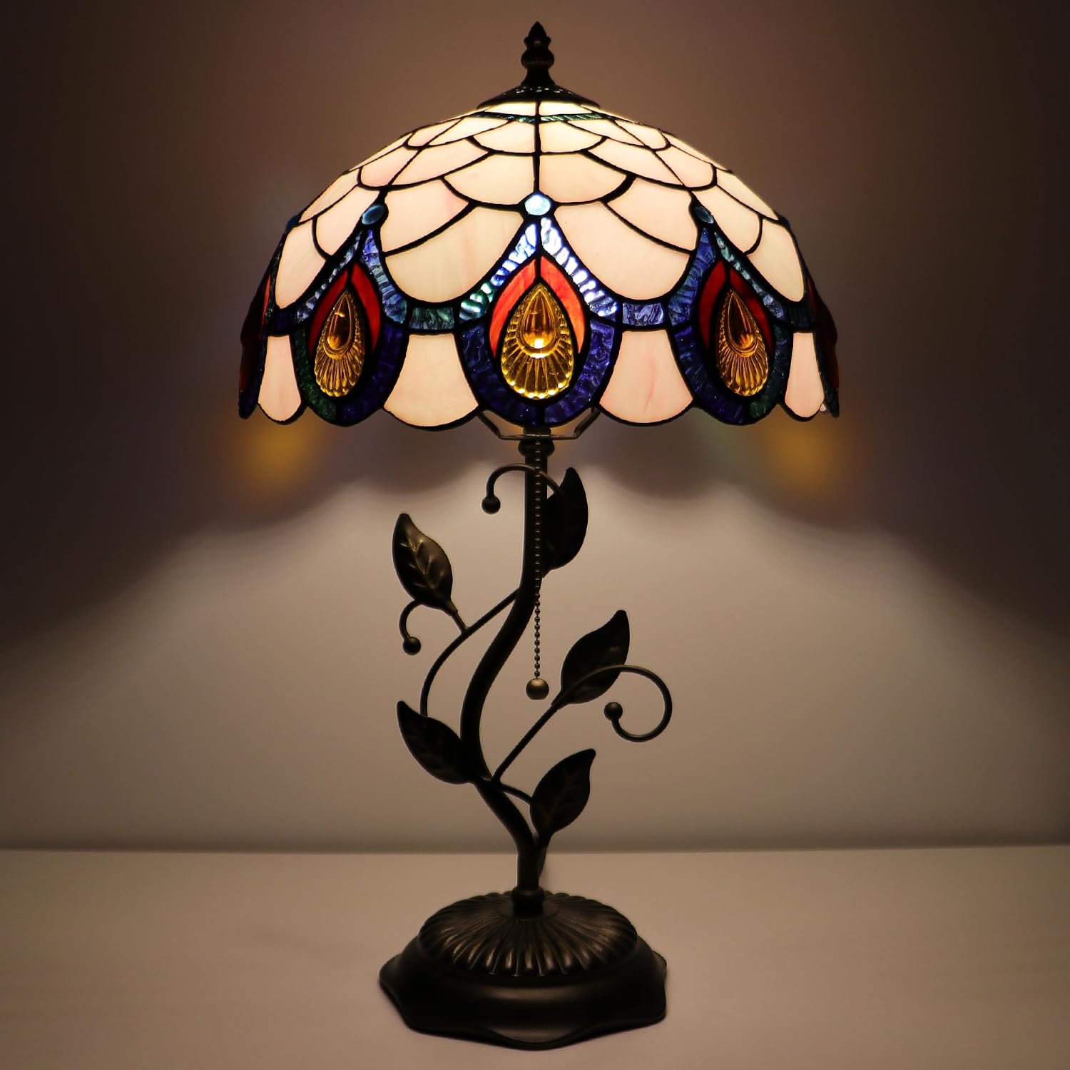 Tiffany Lamp Pink Peacock Tail Style Stained Glass Table Lamp Desk Bedside Reading Light 12X12X19 Inches with Metal Leaf Base