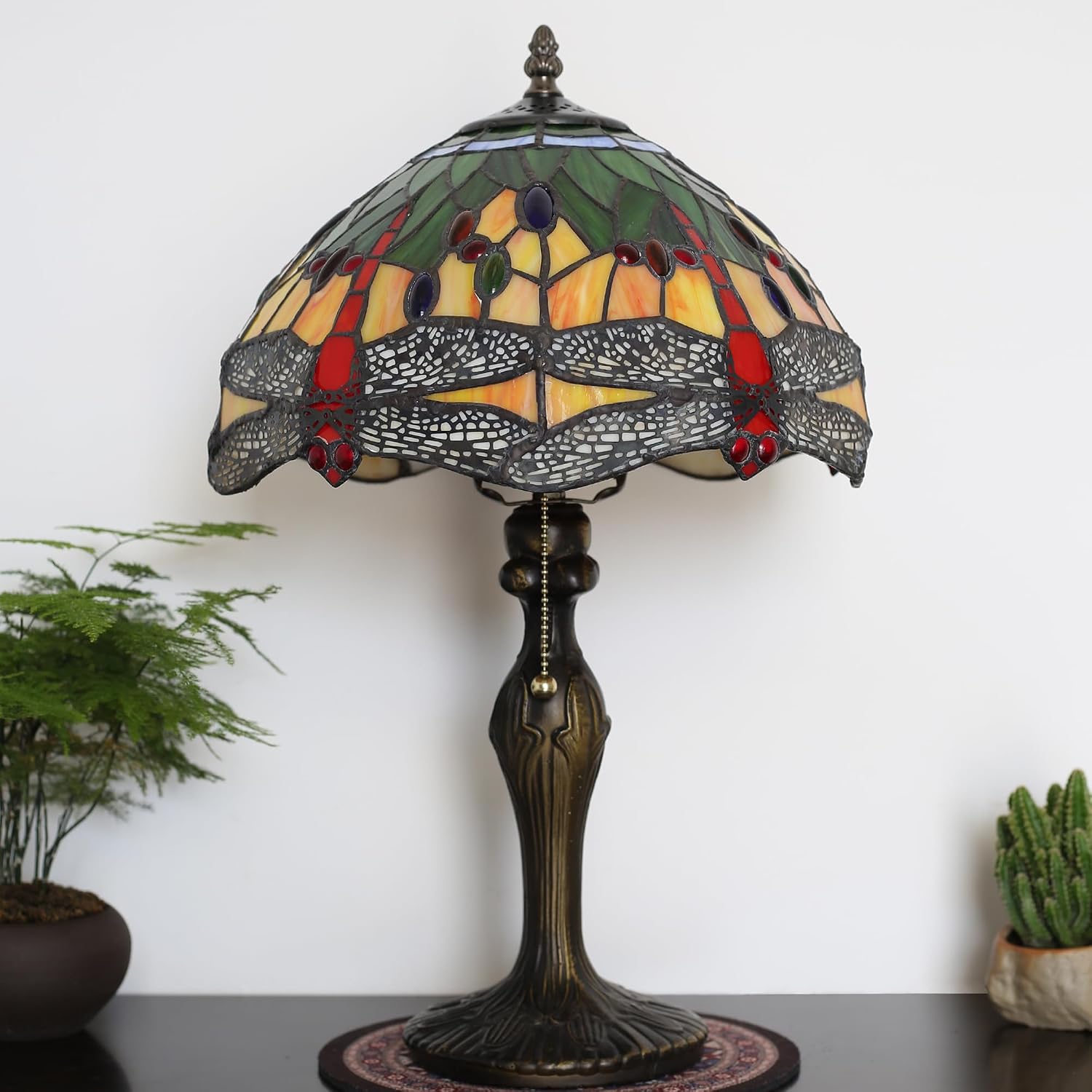 Tiffany Table Stained Glass Table Lamp 12 x 19' Bedside Reading Lamp Yellow Dragonfly Style Decorative Lamp for Desk Living Room Bedroom Office Study Light Decor Gift