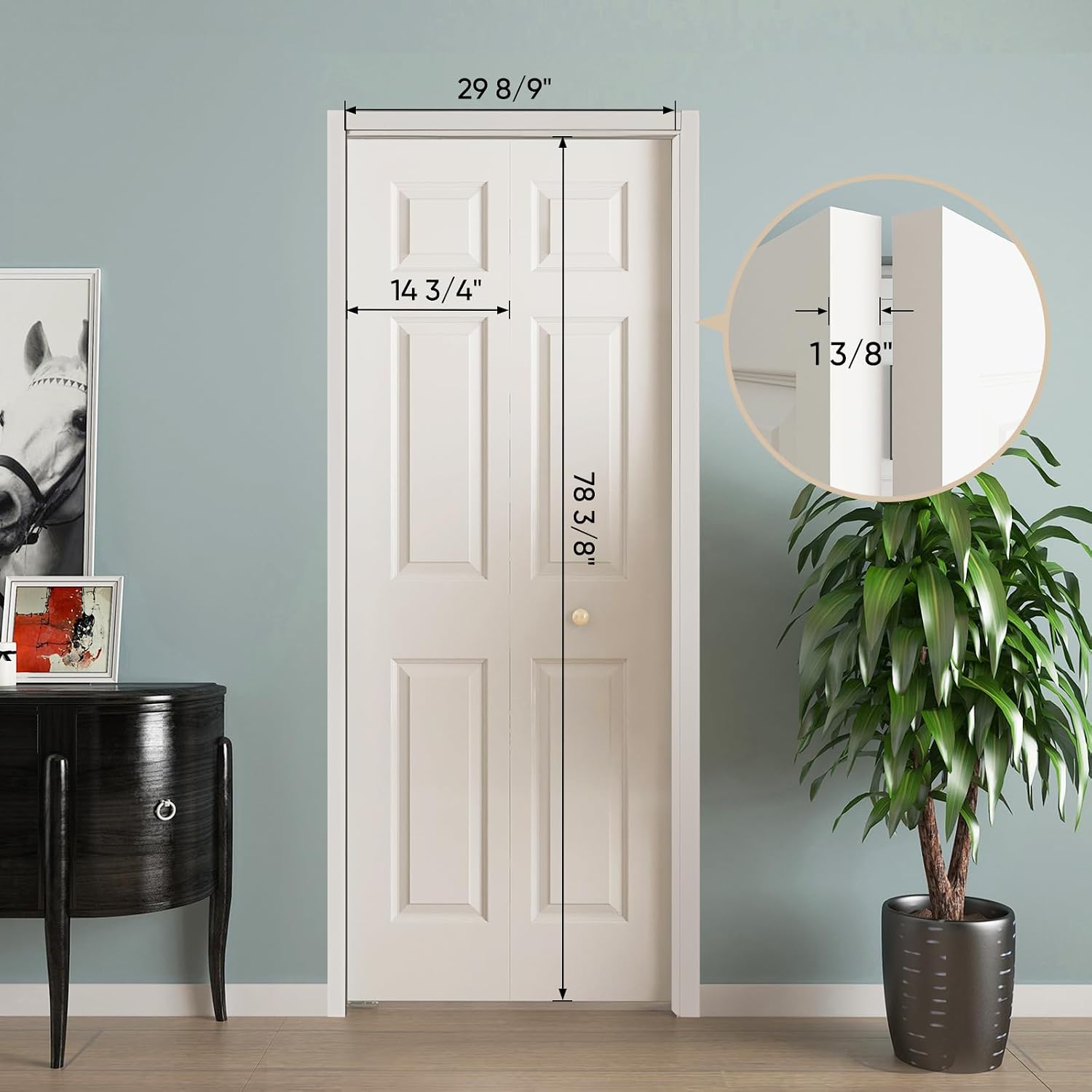 JUBEST Bifold Doors, 6 Panel Primed Bifold Closet Doors for 30'x80' Door Opening, Modern White Hollow Core Bi-Fold Door Slab with Hardware Kit & Knob, Widely Used, Primed