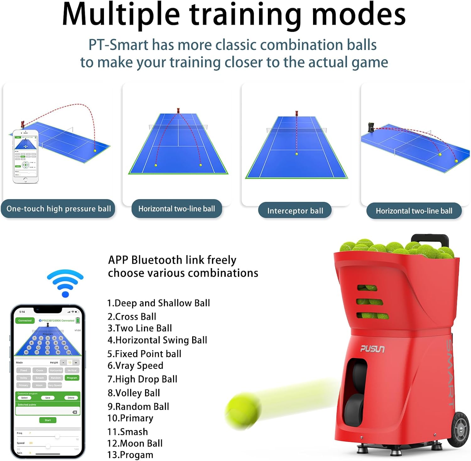PT-SMART Tennis Ball Machine - Smart App for Apple Watch & Phone Control, Tennis Ball Launcher with 20 Landing Points, 12 Training Modes & 4-6h Battery Life, Tennis Serving Machine