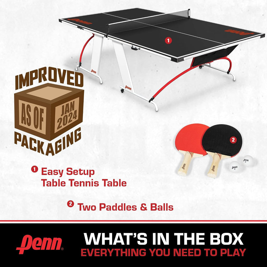 Penn Full-Size Ping Pong Table - Engineered Wood, Black/White/Red - Foldable Design for Portable Ping Pong Play - 15mm Laminated Surface for Precision Play - Table Tennis Set 40mm Balls & Paddles