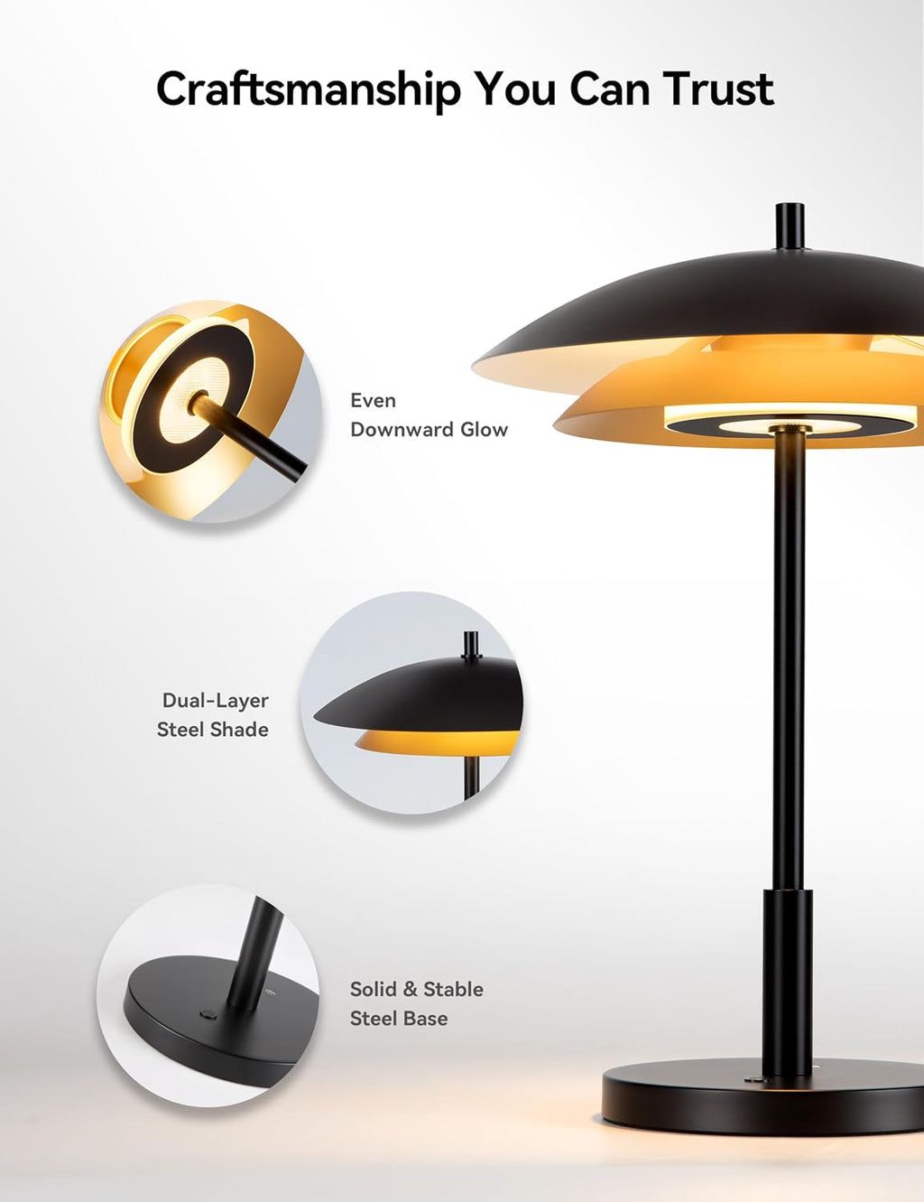 Tubicen Modern Industrial Table Lamp Black and Gold Bedside Nightstand Lamp with Charging Port 3-Color Dimmable 18W LED Modern Plug in Metal Art Deco Touch Lamp for Living Room Bedroom Office 15.7' H