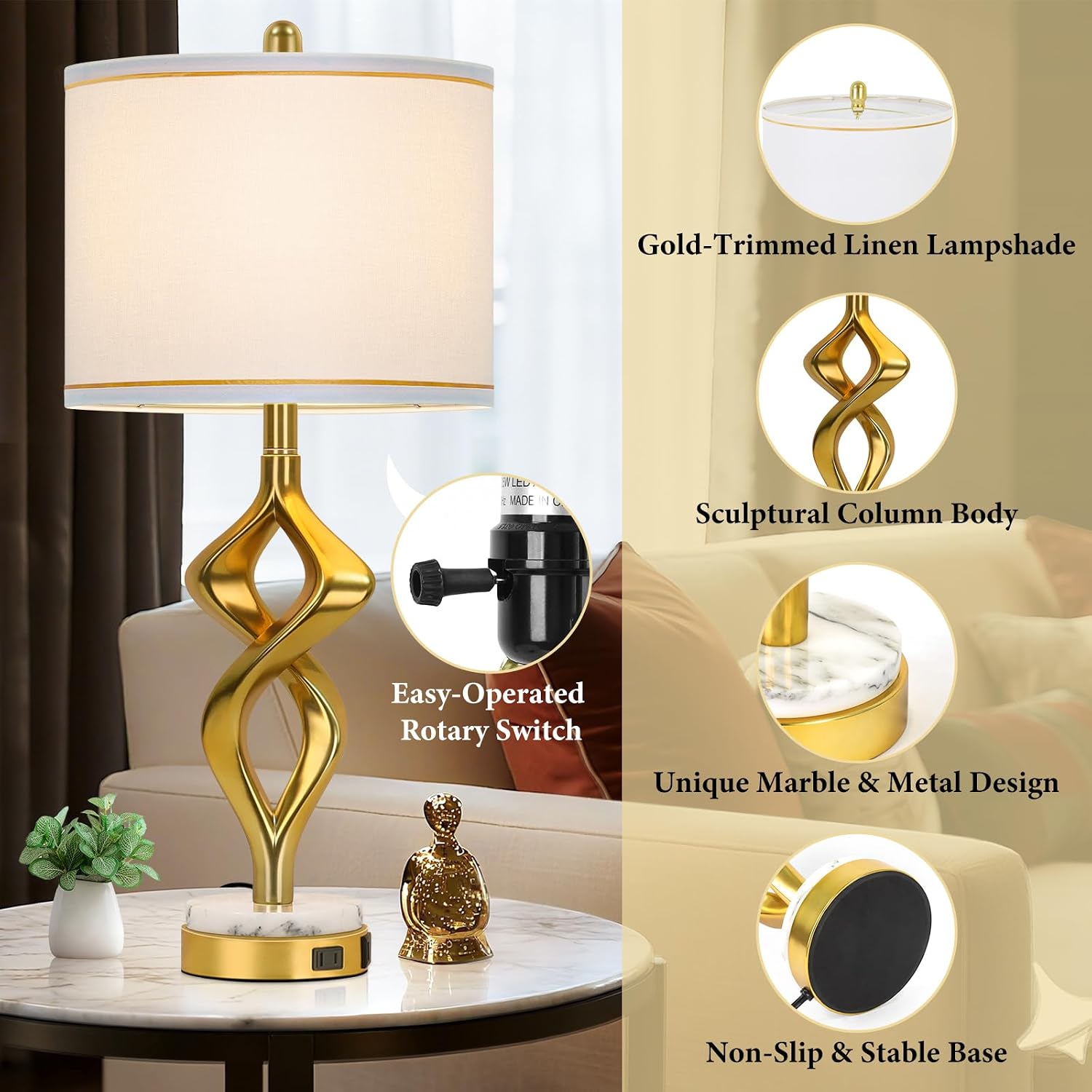 28.5' Modern Sculptural Living Room Table Lamps Set of 2 with USB A+C & AC Outlet, Gold Bedside Table Lamps with White Marble Base & Linen Shade, Nightstand Lamps for Bedroom Study Office Hotel Bar