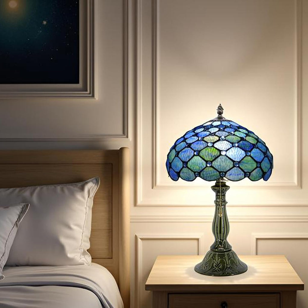 Tiffany Lamp Stained Glass Table Lamps Sea Blue Water Ripple Pearl Style Desk Lamp12X12X18.5 Inch Bronze Ceramic Base Reading Light Suitable for Bedside Bedroom Living Room Dining Room Office