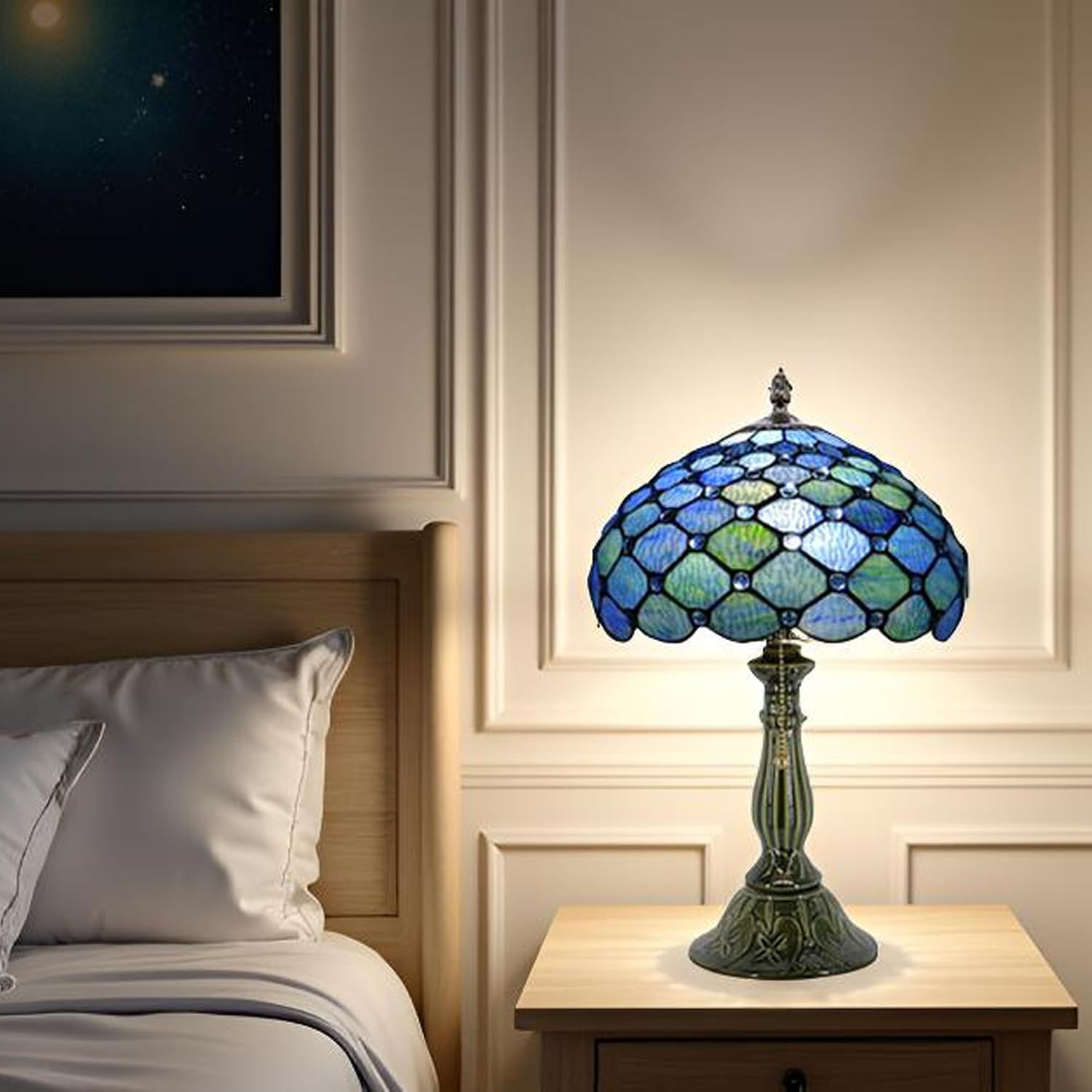 Tiffany Lamp Stained Glass Table Lamps Sea Blue Water Ripple Pearl Style Desk Lamp12X12X18.5 Inch Bronze Ceramic Base Reading Light Suitable for Bedside Bedroom Living Room Dining Room Office