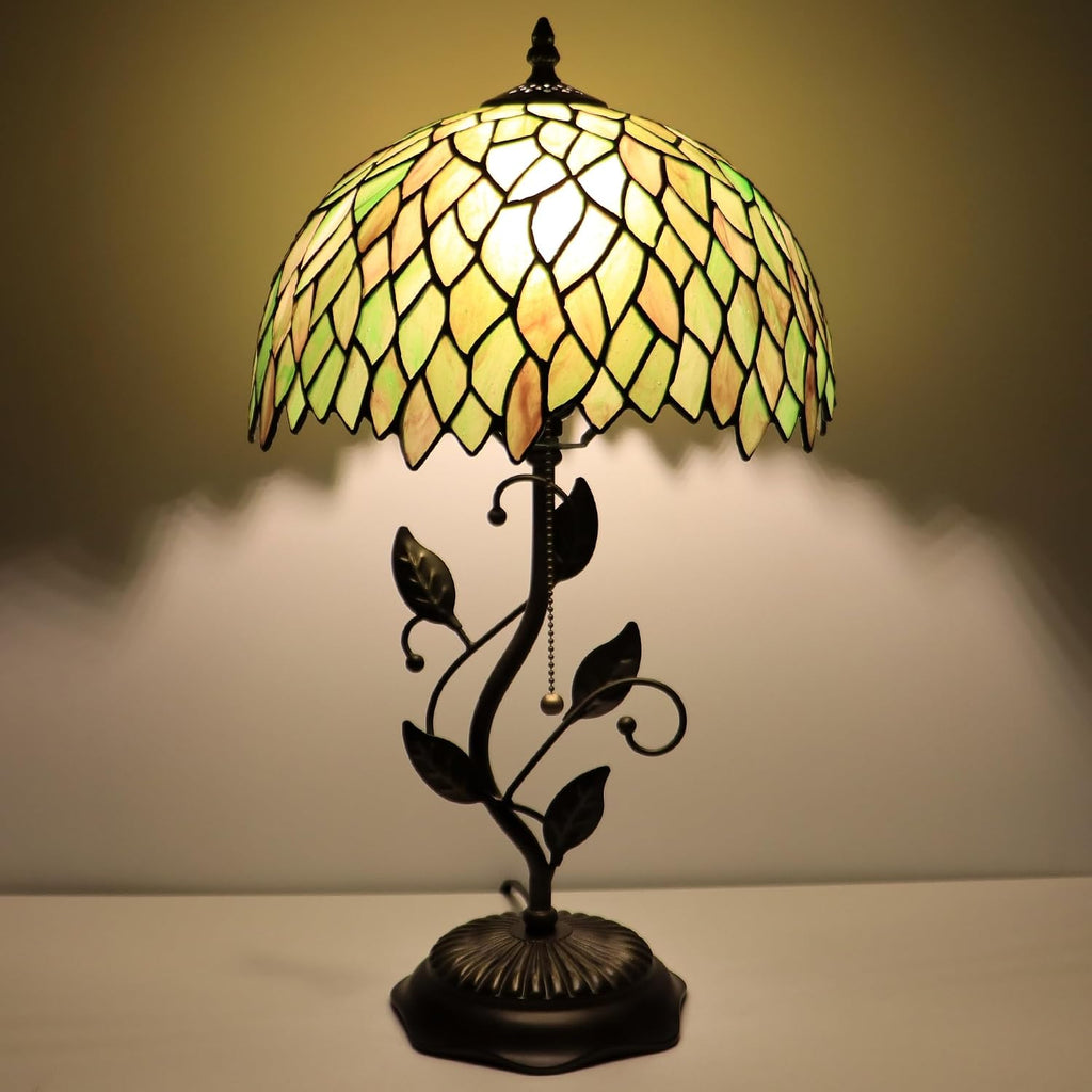 Tiffany Lamp Brownish Green Leafage Style Stained Glass Table Lamp Desk Bedside Reading Light 12X12X19 Inches with Metal Leaf Base